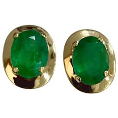 4.0 Carat Oval Natural Emerald Stud Post Earrings 14 Karat Yellow  Gold