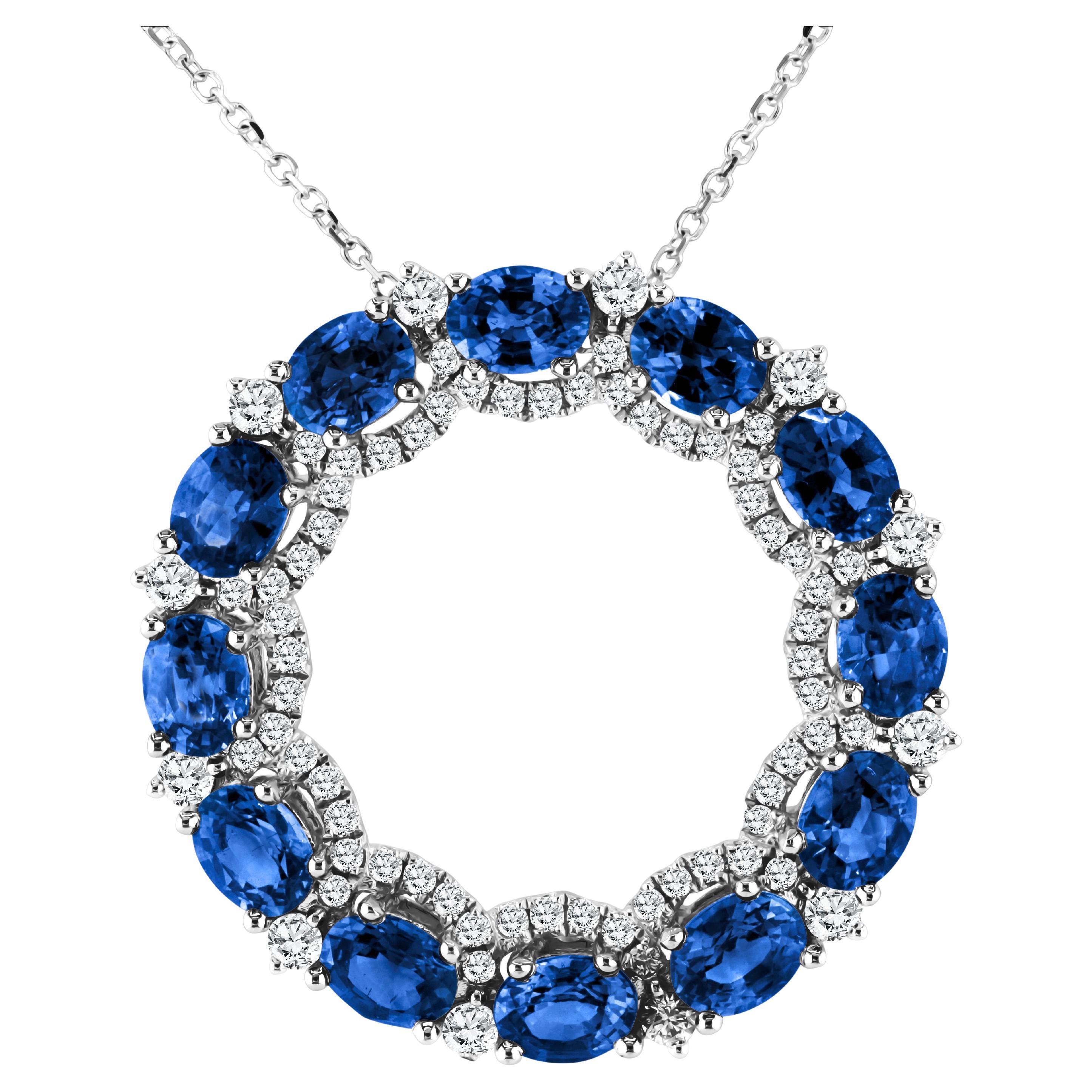 4.0 Carat Oval Sapphire Circle Pendant With 0.60 ct Diamond in 18k White ref822