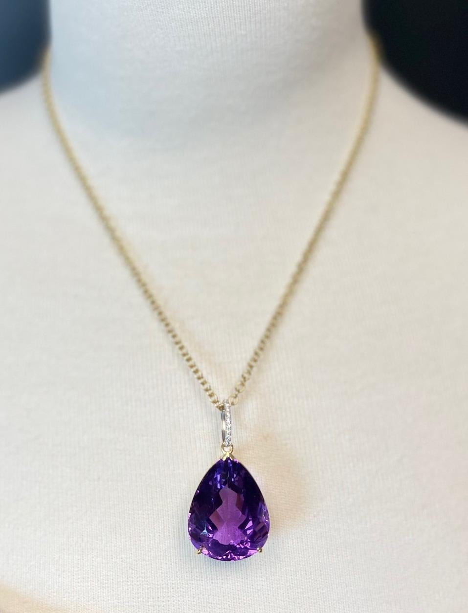 40 Carat Pear Shape Amethyst and Diamond Pendant in 18k Yellow Gold with Chain For Sale 6