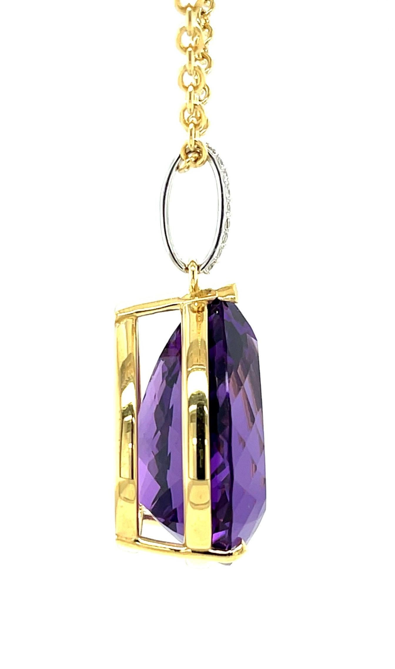 Artisan 40 Carat Pear Shape Amethyst and Diamond Pendant in 18k Yellow Gold with Chain For Sale