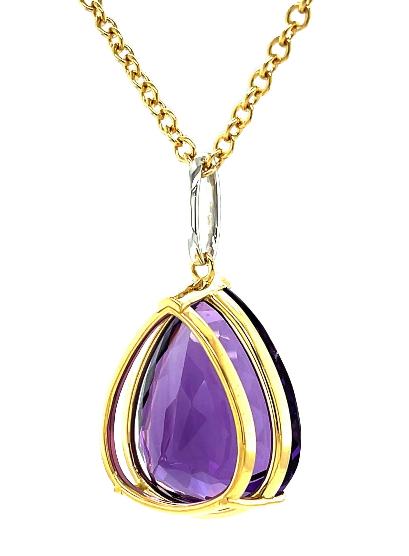 Pear Cut 40 Carat Pear Shape Amethyst and Diamond Pendant in 18k Yellow Gold with Chain For Sale