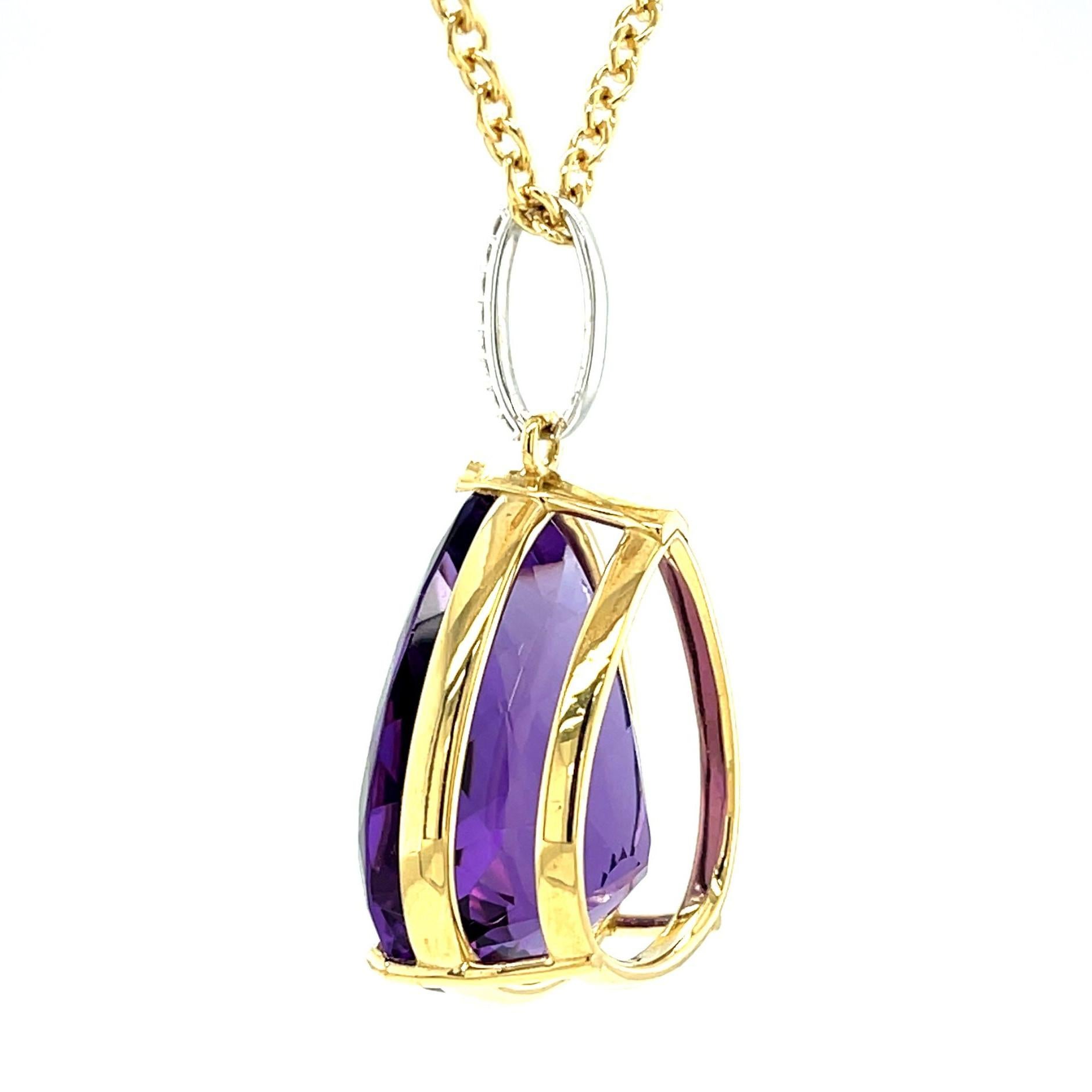 Women's or Men's 40 Carat Pear Shape Amethyst and Diamond Pendant in 18k Yellow Gold with Chain For Sale