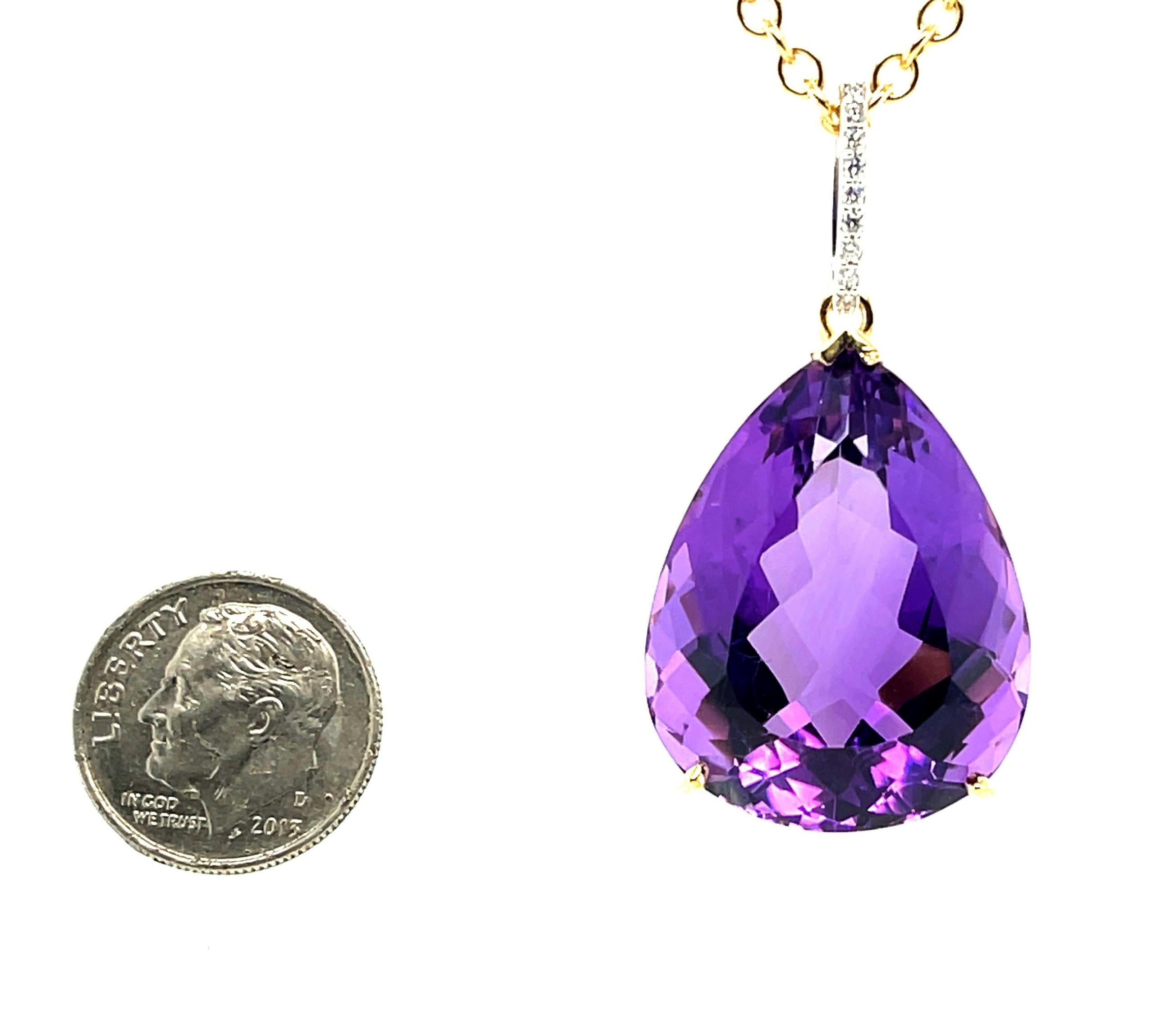 40 Carat Pear Shape Amethyst and Diamond Pendant in 18k Yellow Gold with Chain For Sale 1