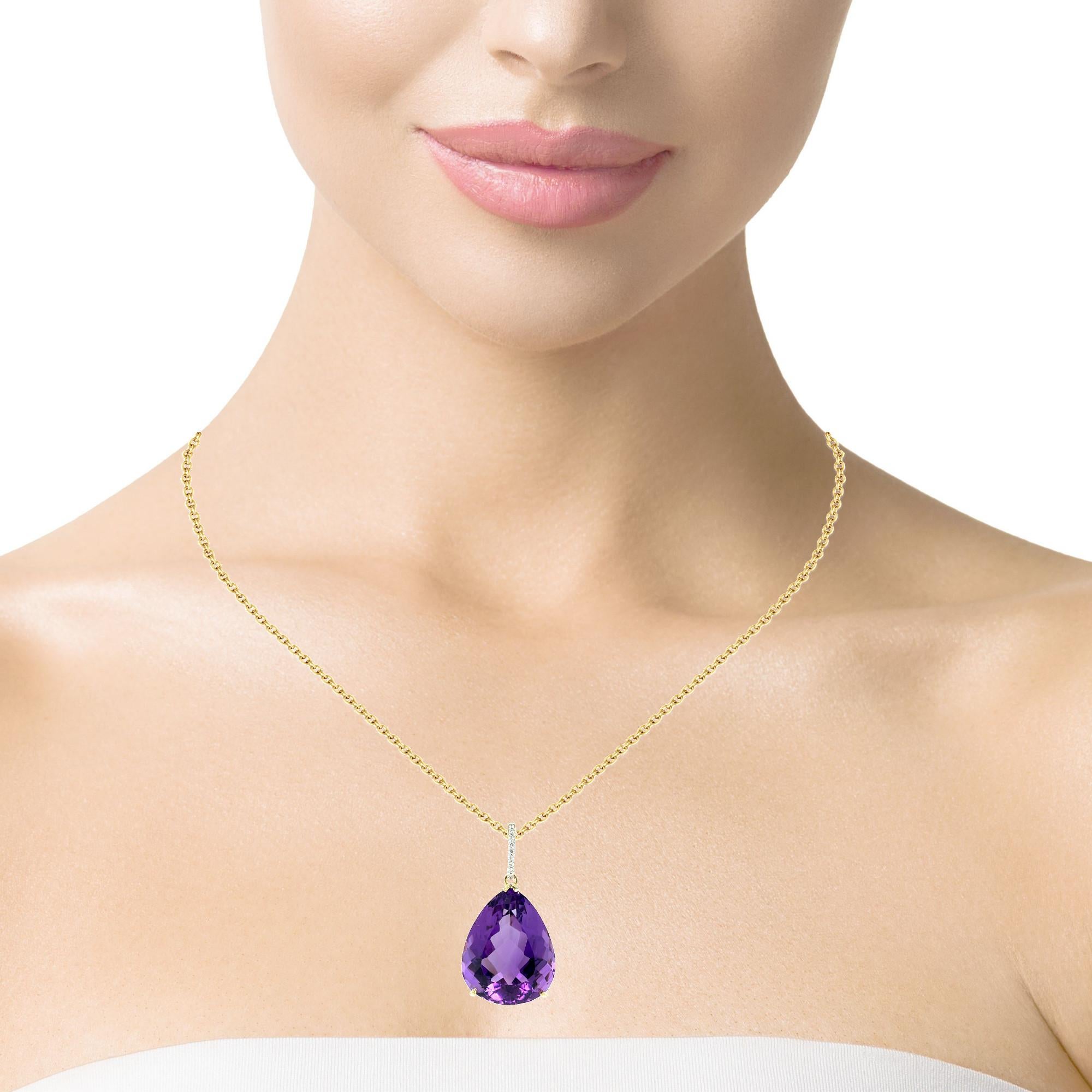 40 Carat Pear Shape Amethyst and Diamond Pendant in 18k Yellow Gold with Chain For Sale 2