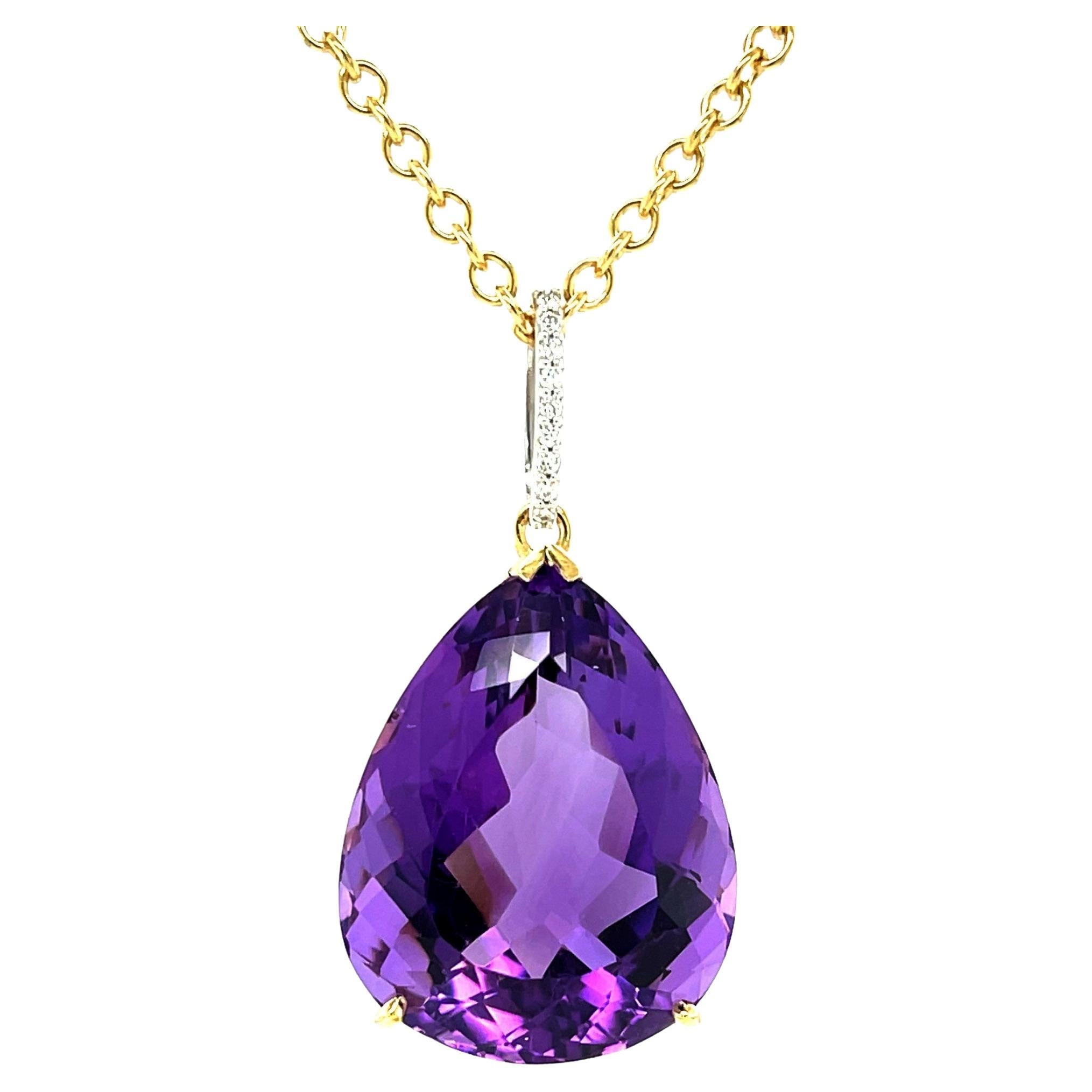 40 Carat Pear Shape Amethyst and Diamond Pendant in 18k Yellow Gold with Chain For Sale