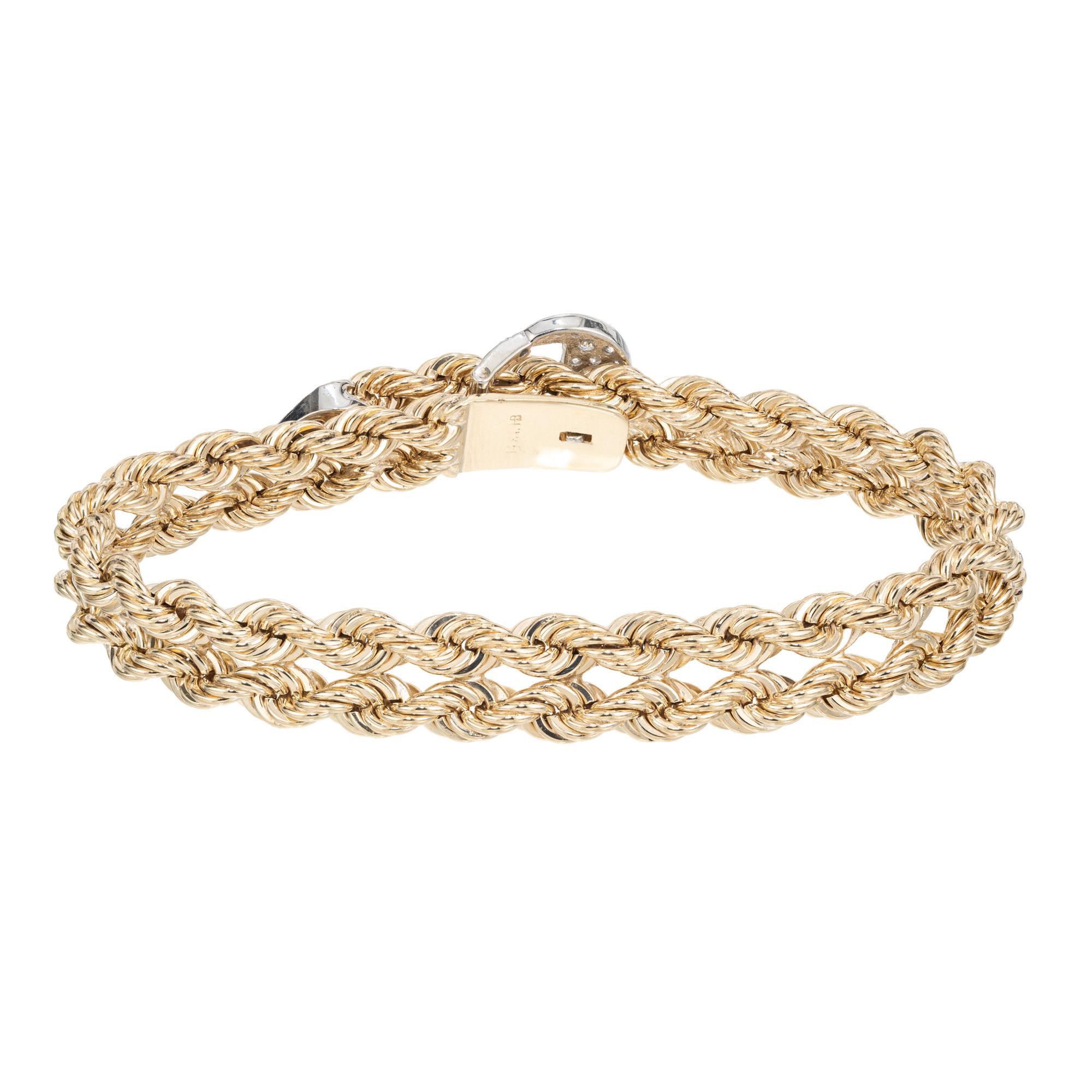 Round Cut .40 Carat Round Diamond Two Tone Gold Double Rope Buckle Bracelet  For Sale