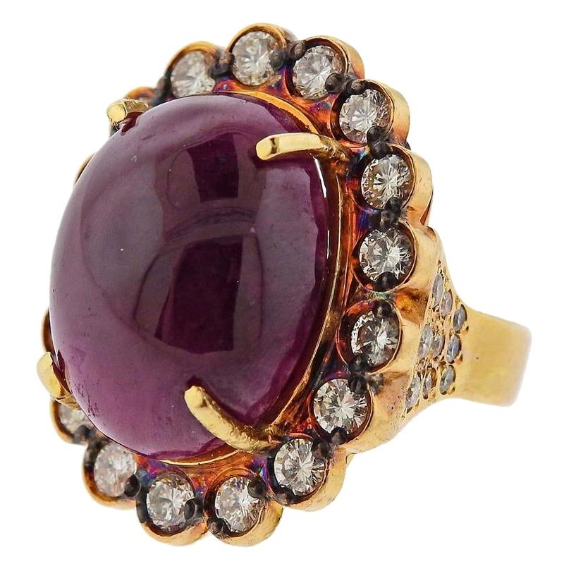 40 Carat Ruby Cabochon Gold Diamond Ring For Sale
