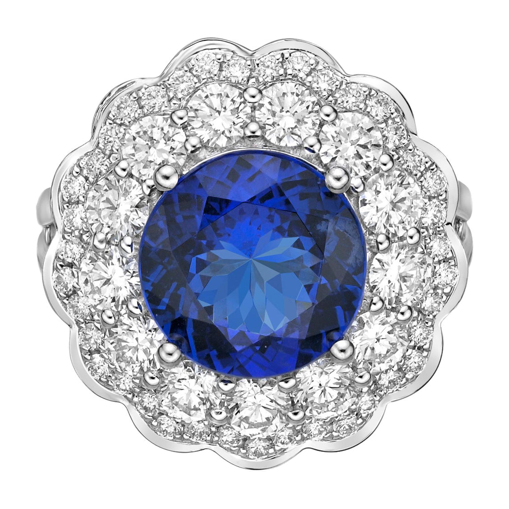 4.0 Carat Tanzanite and White Diamond Ring in 18 Karat White Gold