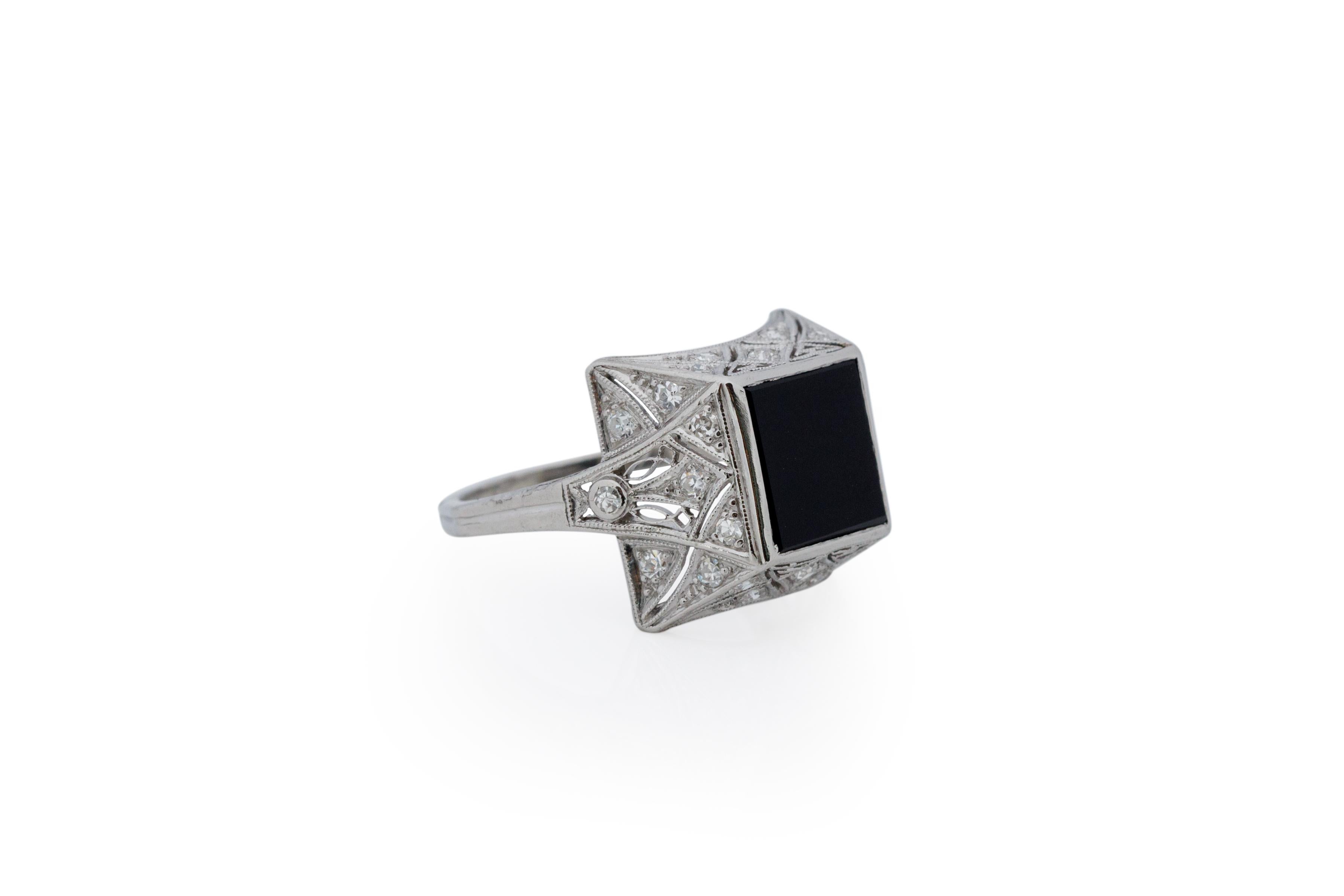 Ring Size: 7.5
Metal Type: Platinum [Hallmarked, and Tested]
Weight: 6.5 grams

Diamond Details:
Weight: .40 carat total weight
Cut: Old European brilliant
Color: F-G
Clarity: VS

Onyx Details:
Weight: 1.50 carat total weight
Cut: Antique Beveled