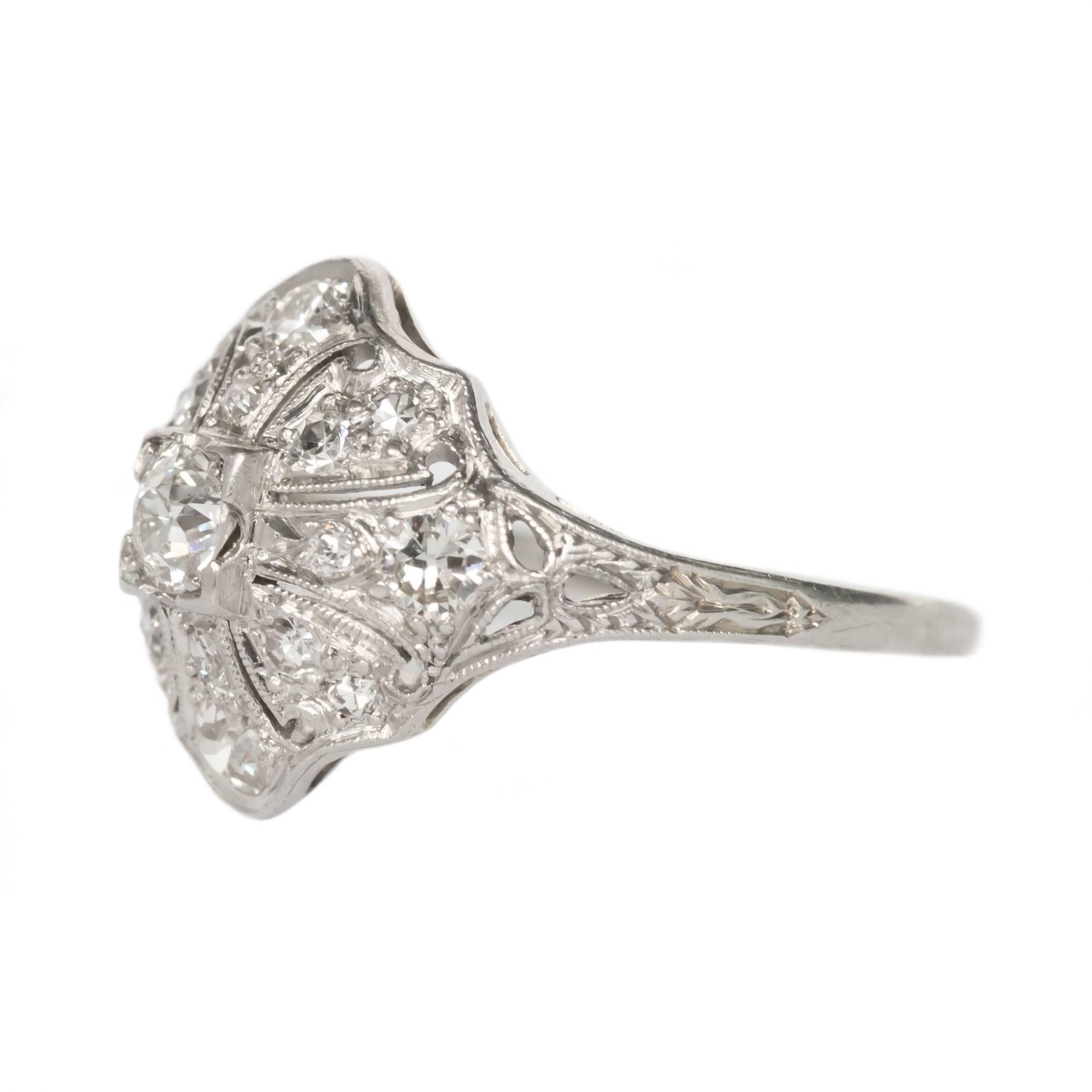 Item Details: 
Ring Size: 6.20
Metal Type: Platinum 
Weight: 3.6 grams

Stone Details:
Shape: Antique Single Cut 
Carat Weight: .40 Carat Total Weight
Color: F
Clarity: SI

Finger to Top of Stone Measurement: 5.10mm