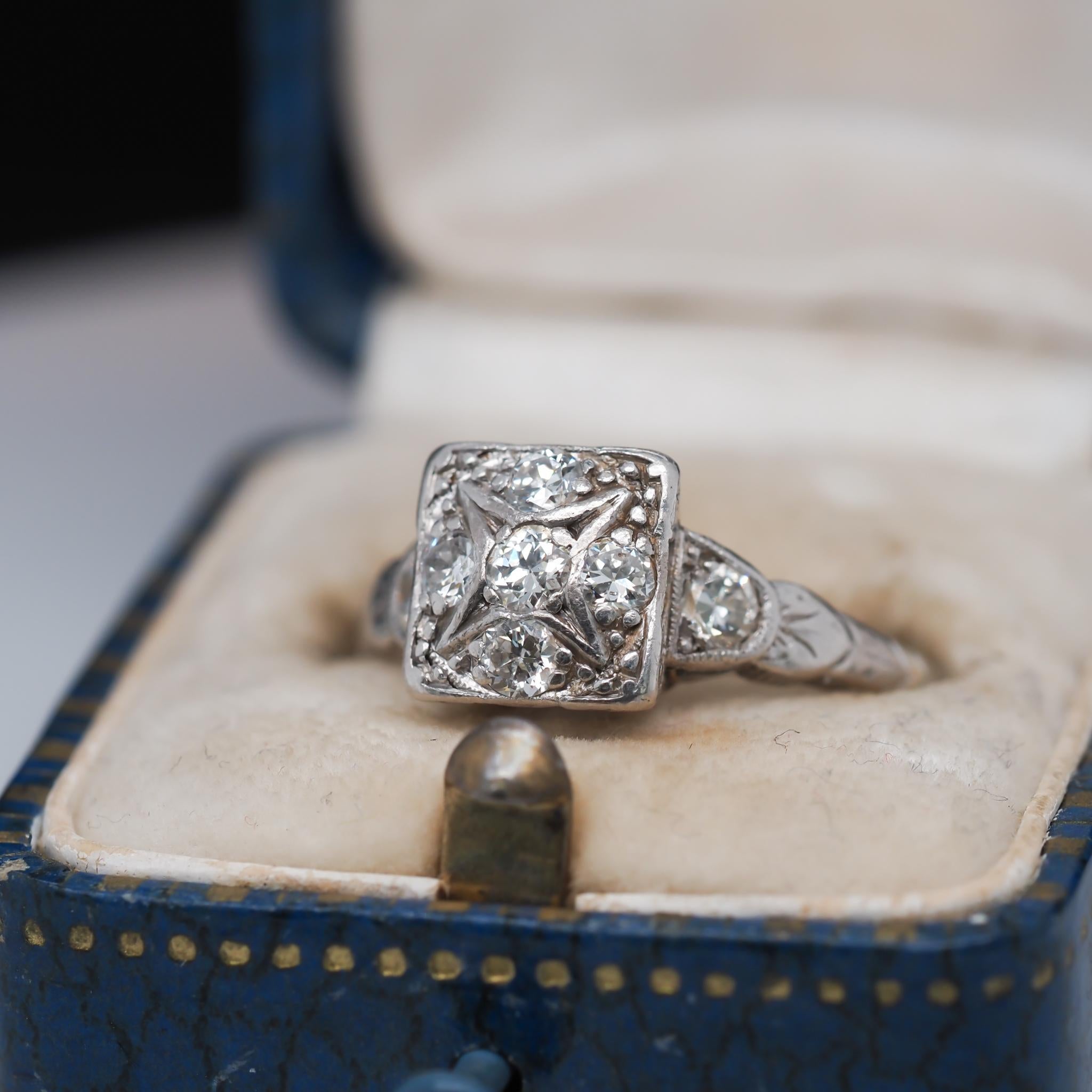 Art Deco .40 Carat Total Weight Diamond Platinum Engagement Ring For Sale