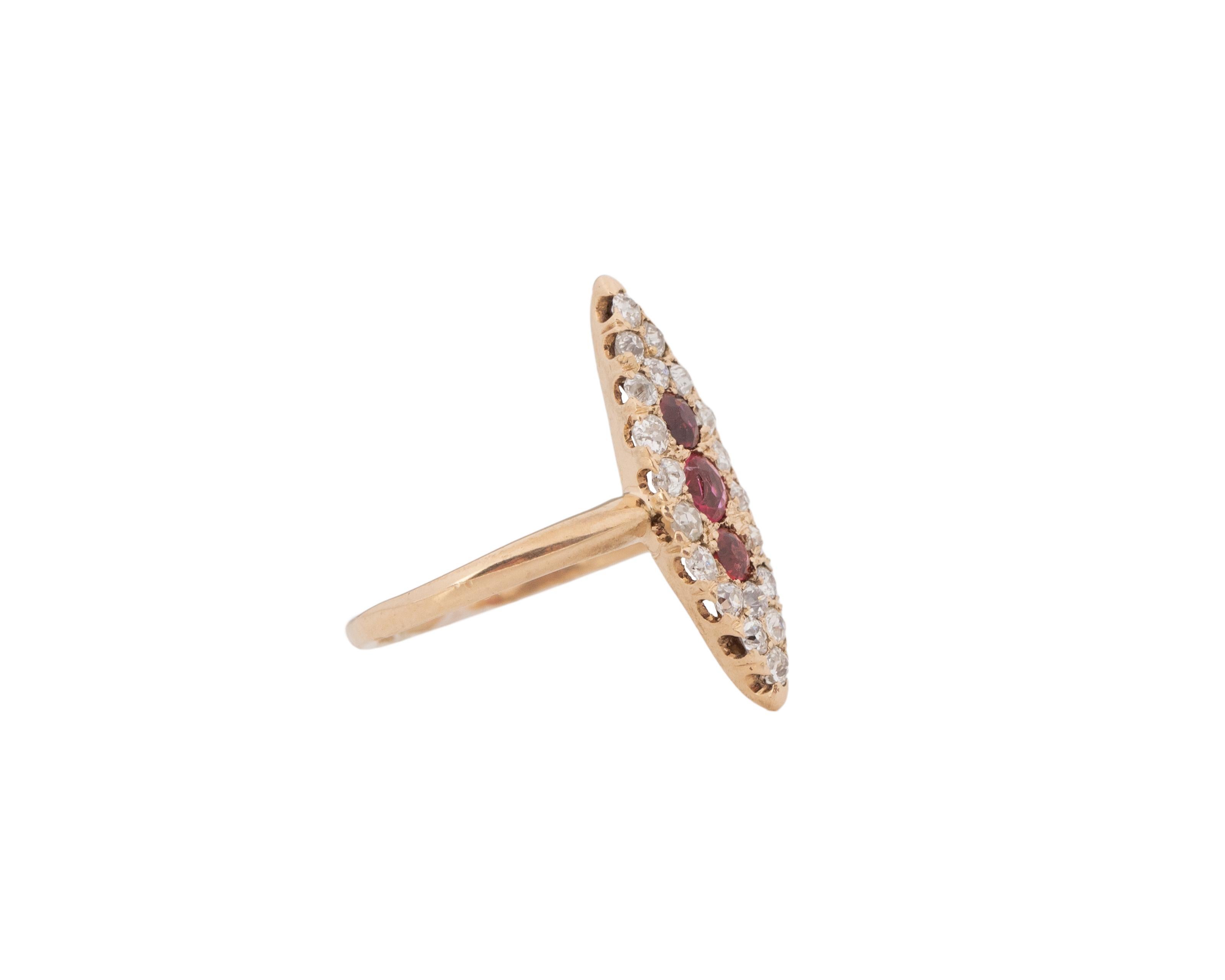 Ring Size: 6.26
Metal Type: 14K Rose Gold [Hallmarked, and Tested]
Weight: 2.08 grams

Center Stone Details:
Type: Ruby, Natural
Weight: .40ct, total weight
Cut: Old European brilliant
Color: Red

Diamonds: Natural, Antique Cut, G-J Colors

Finger