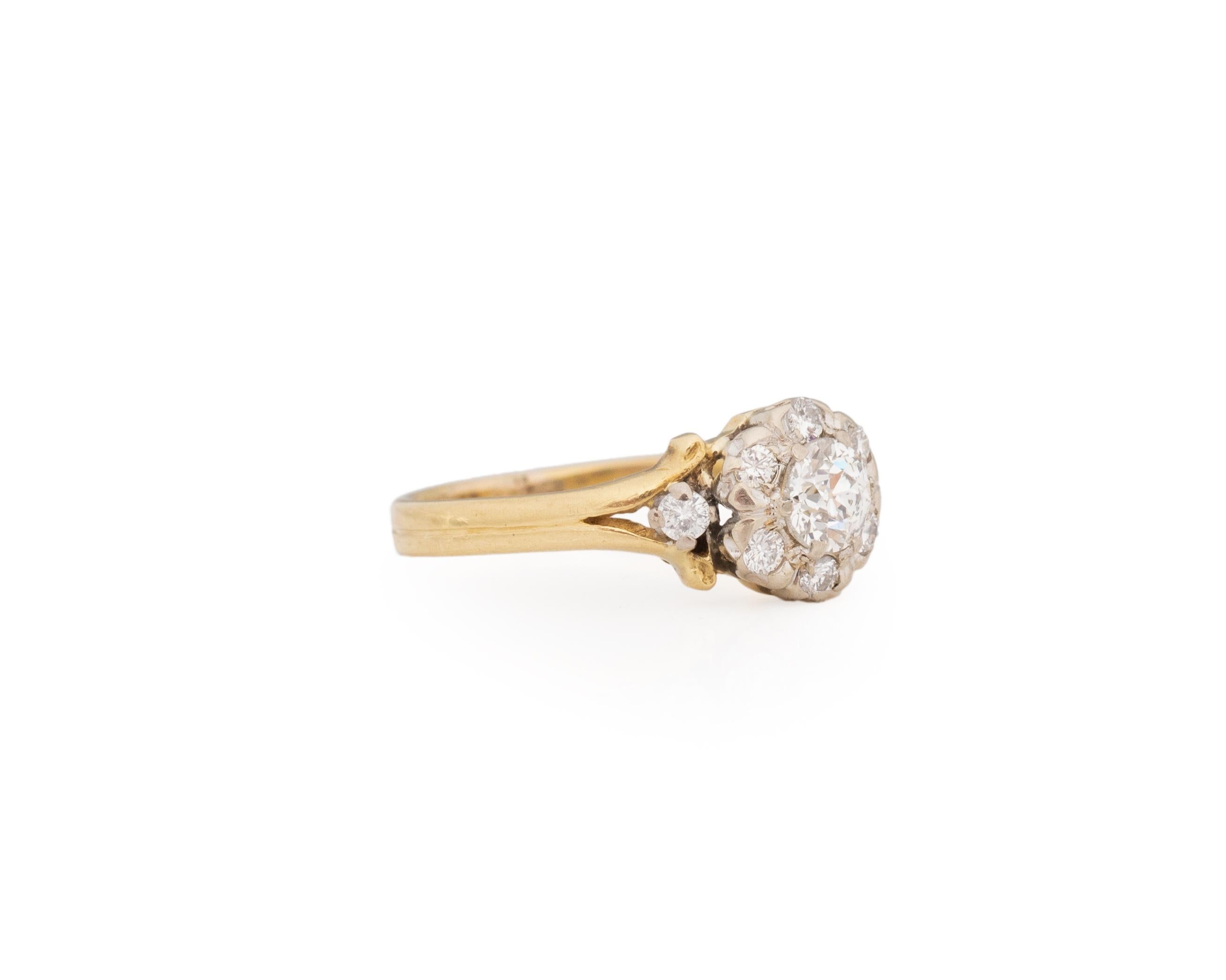 Ring Size: 6.5
Metal Type: 18K Yellow Gold, Platinum prongs [Hallmarked, and Tested]
Weight: 3.0 grams

Center Diamond Details:
Weight: .40ct
Cut: Old European brilliant
Color: I
Clarity: VS

Side Diamond Details: .10ct, total weight

Finger to Top