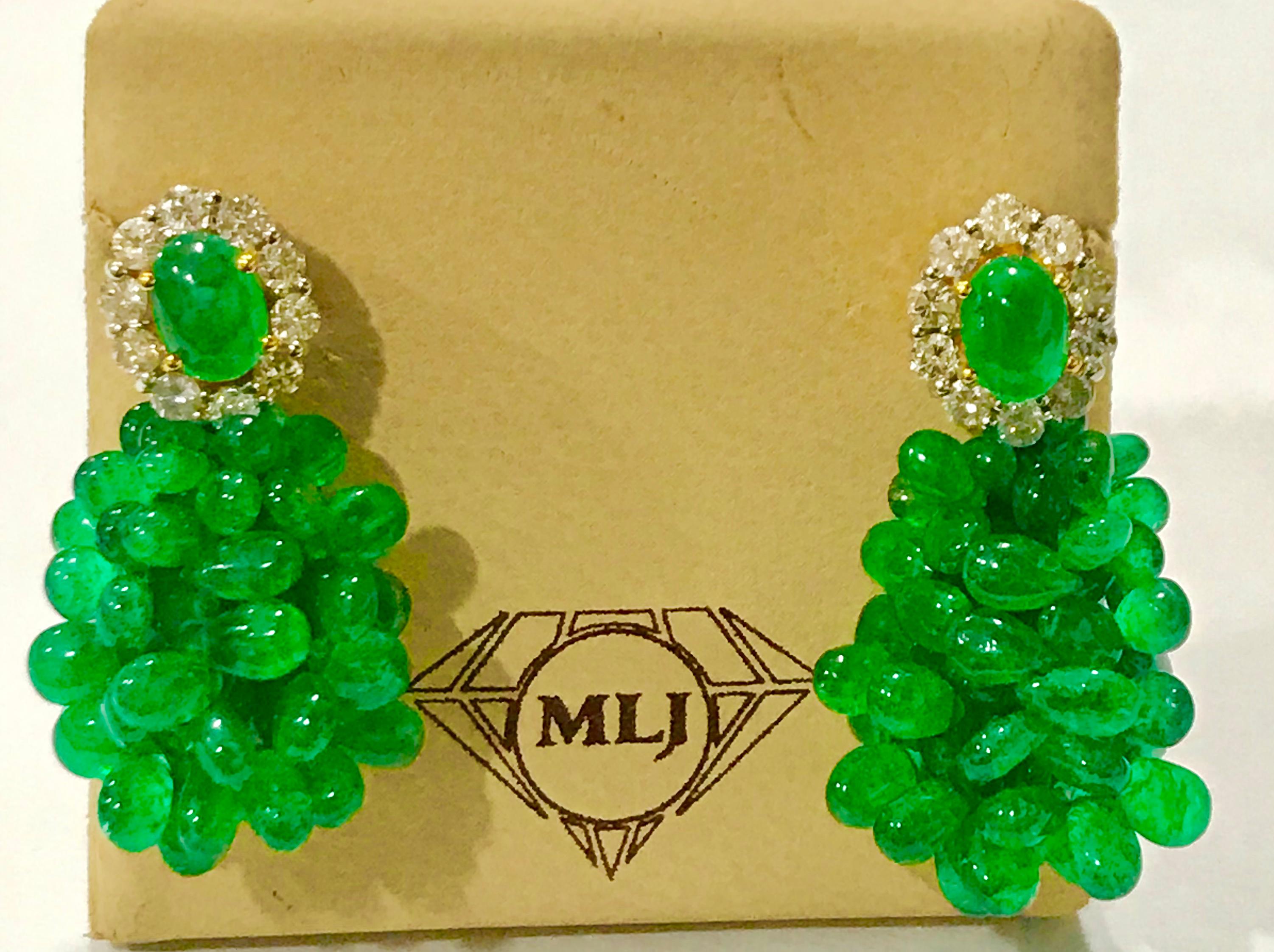 Colombian Emerald Briolette and Diamond Hanging Earrings 18 Karat Gold 5