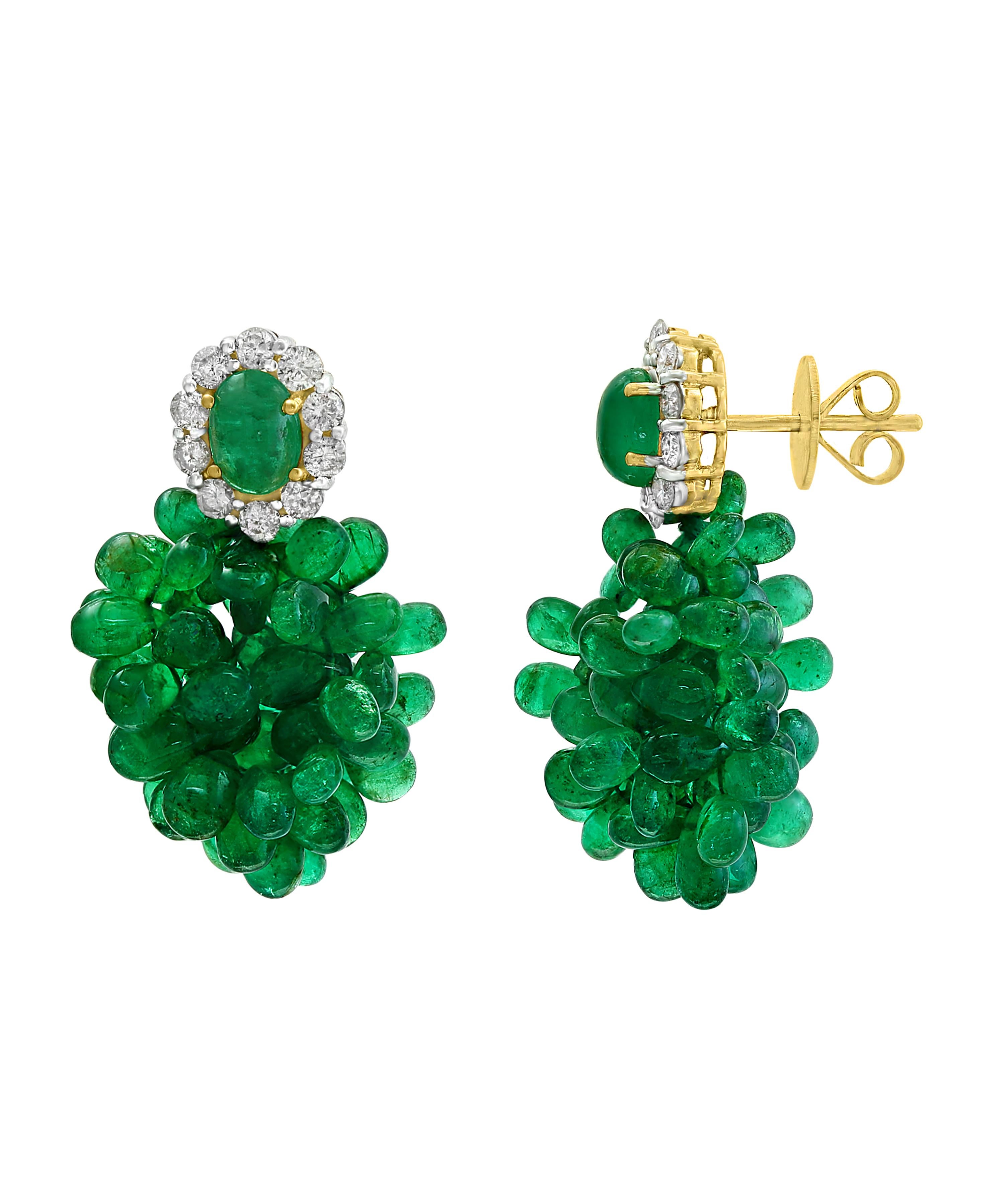 Oval Cut Colombian Emerald Briolette and Diamond Hanging Earrings 18 Karat Gold