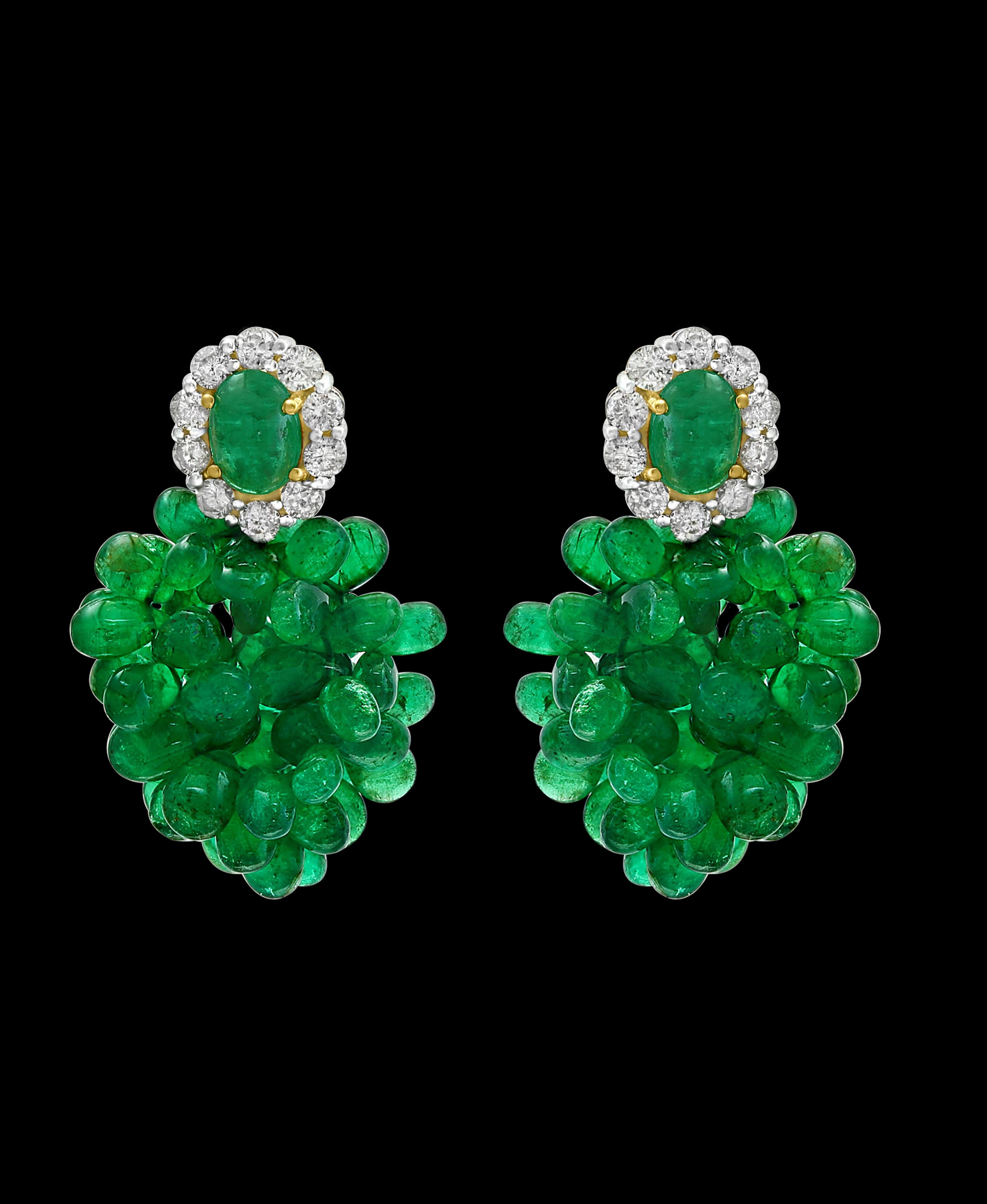Colombian Emerald Briolette and Diamond Hanging Earrings 18 Karat Gold In Excellent Condition In New York, NY