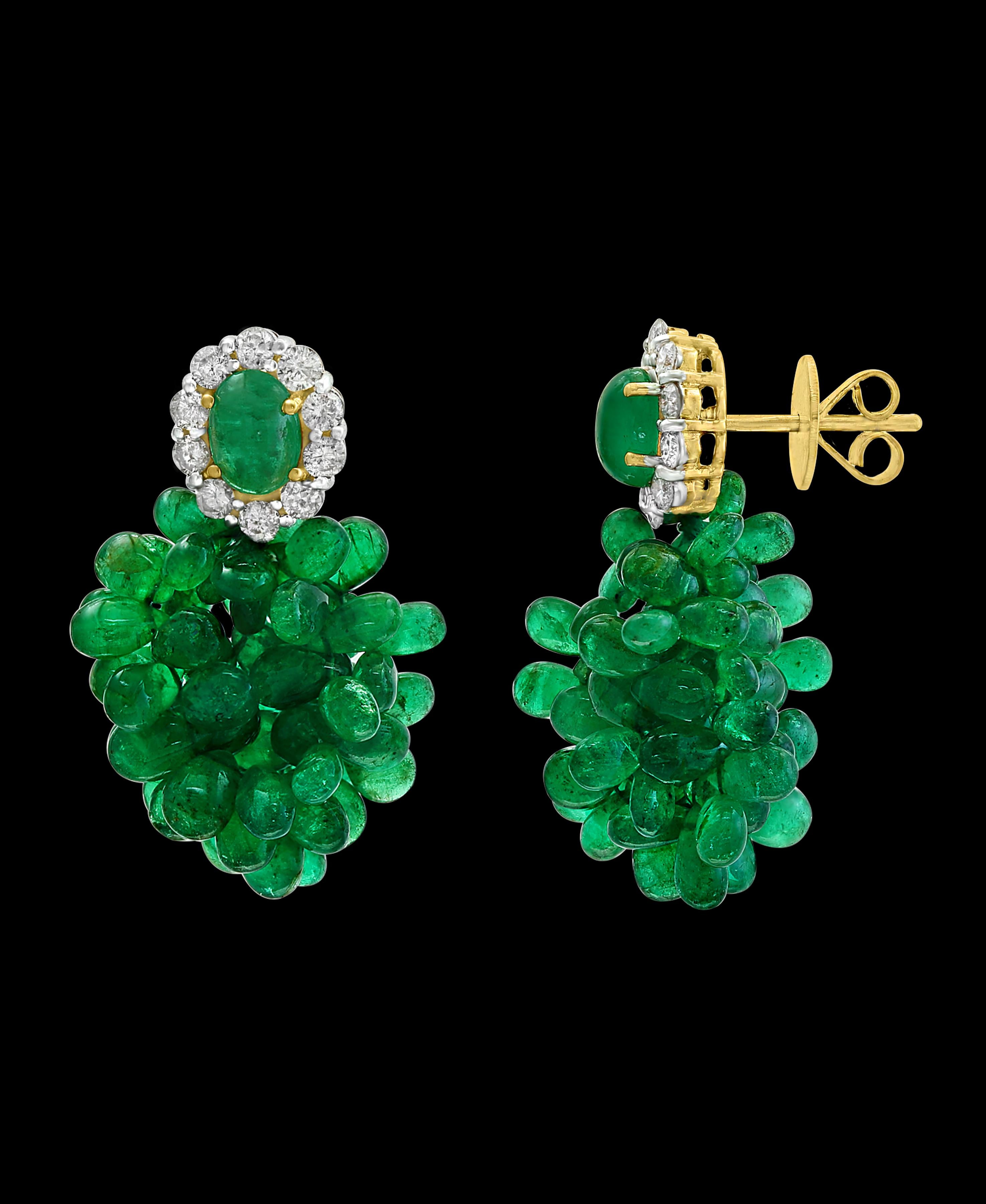 Women's Colombian Emerald Briolette and Diamond Hanging Earrings 18 Karat Gold