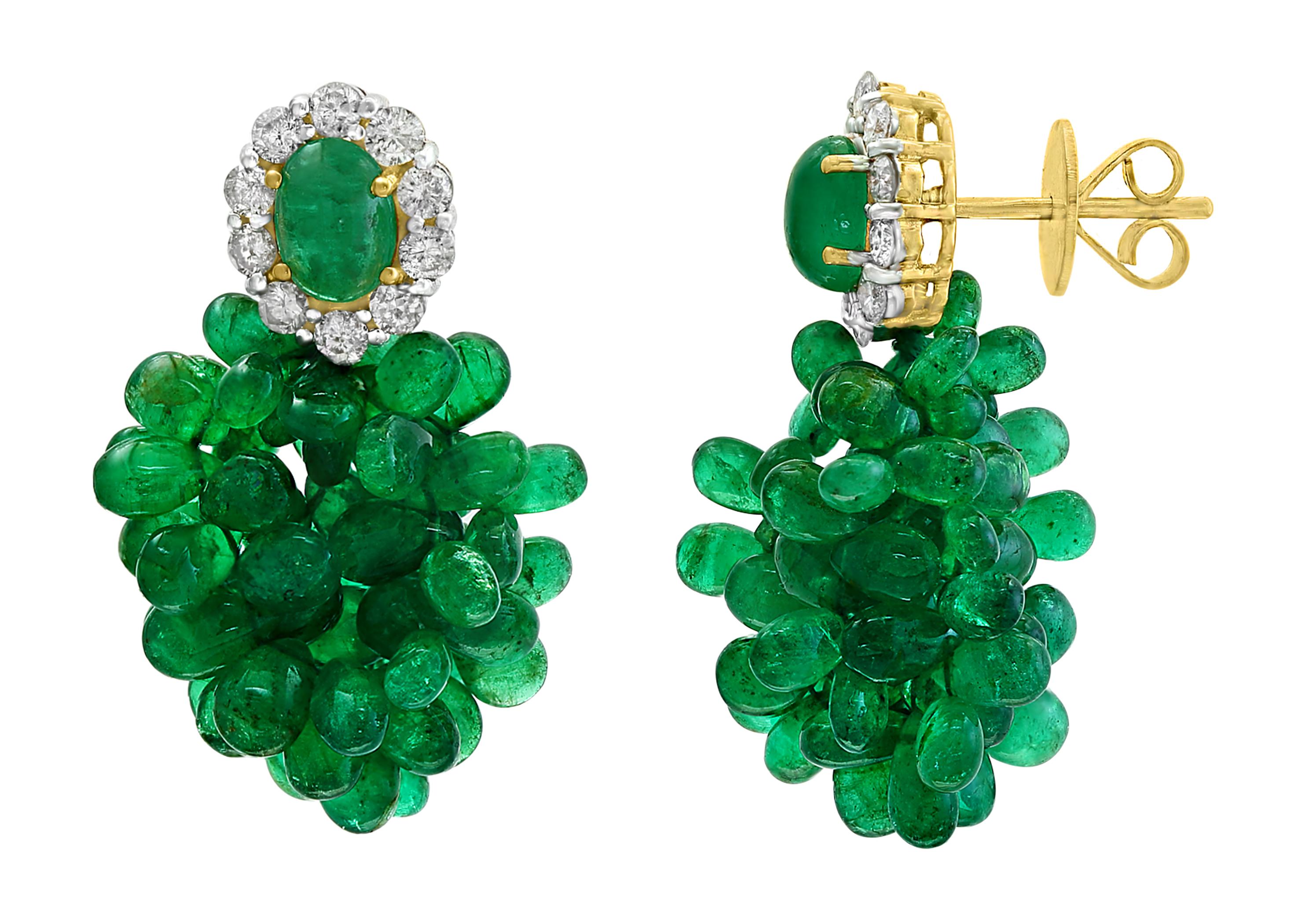Colombian Emerald Briolette and Diamond Hanging Earrings 18 Karat Gold 1
