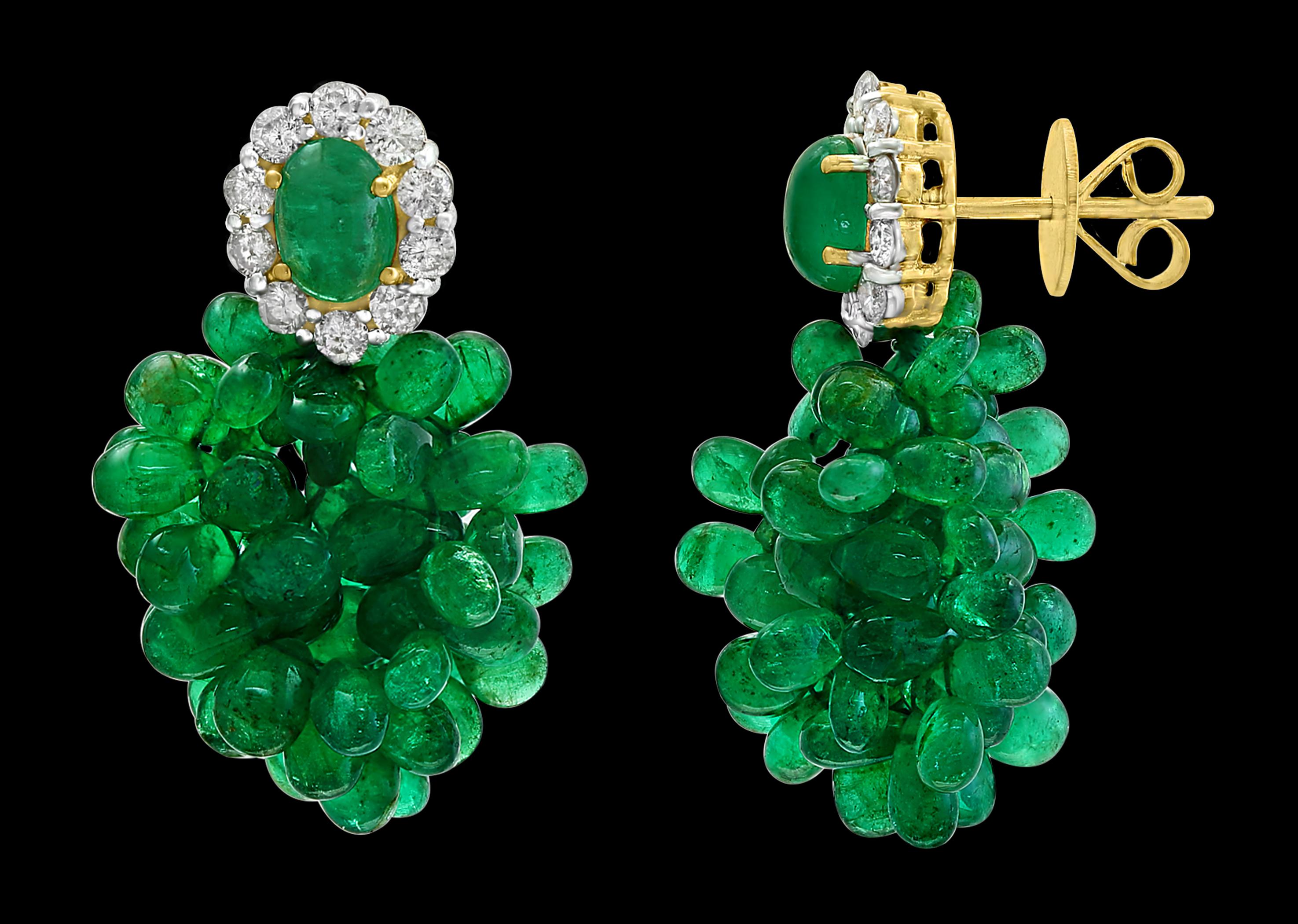 Colombian Emerald Briolette and Diamond Hanging Earrings 18 Karat Gold 2