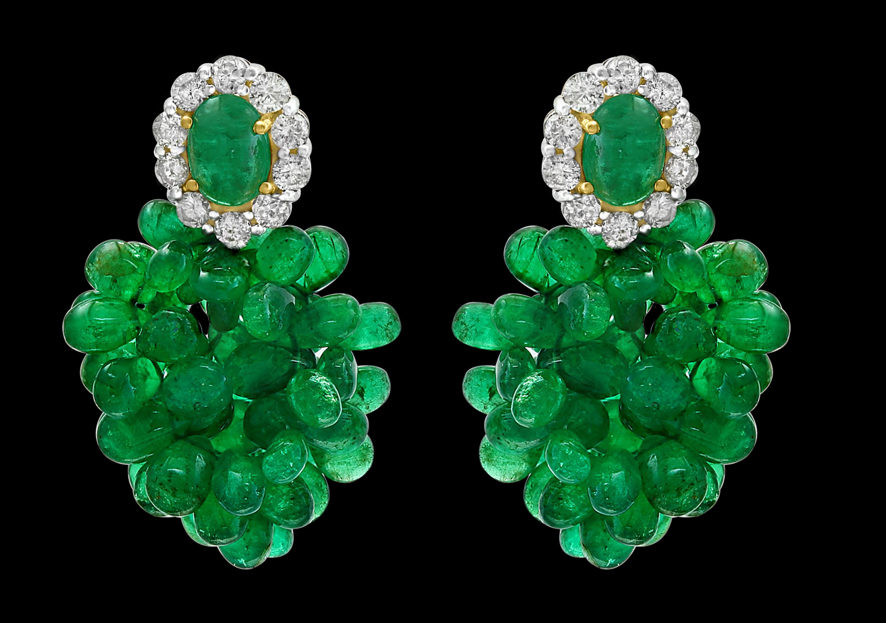 Colombian Emerald Briolette and Diamond Hanging Earrings 18 Karat Gold 3