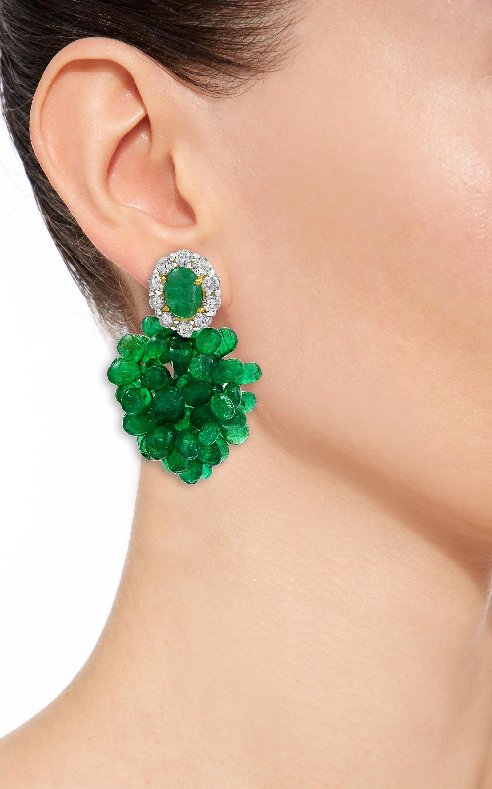 Colombian Emerald Briolette and Diamond Hanging Earrings 18 Karat Gold 4