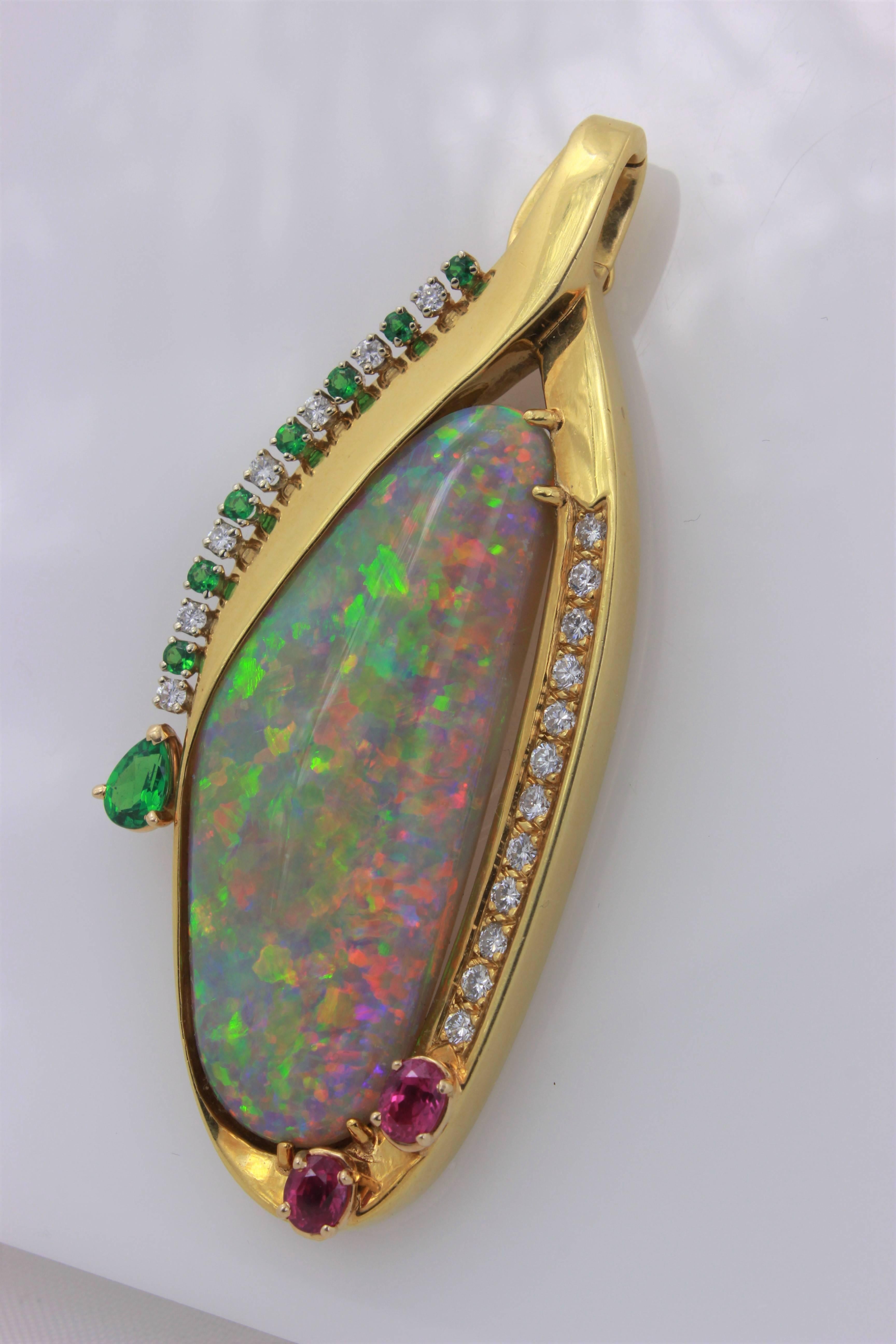 Contemporary 40 Carat Multi-Color Harlequin Pattern Free-Form Custom Opal Pendant For Sale