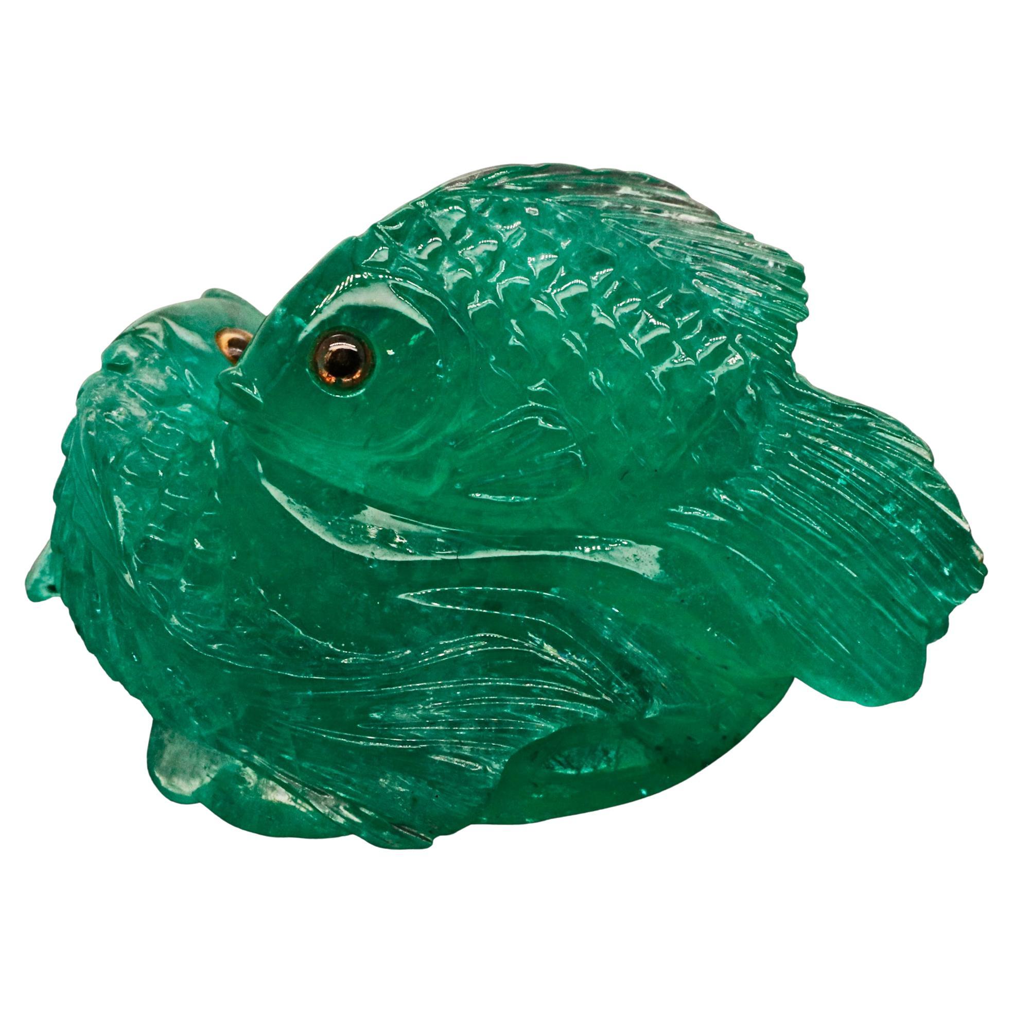 40 Ct Natural Emerald Fish Carving For Sale