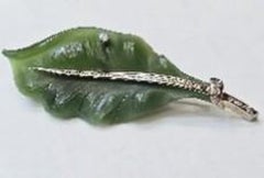 40 Ct Natural Jade Leaf Shape Brooch with Diamond in Platinum