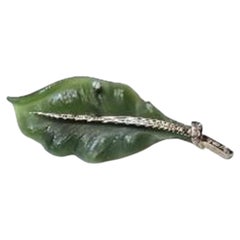 40 Ct Natural Jade Leaf Shape Brooch with Diamond in Platinum