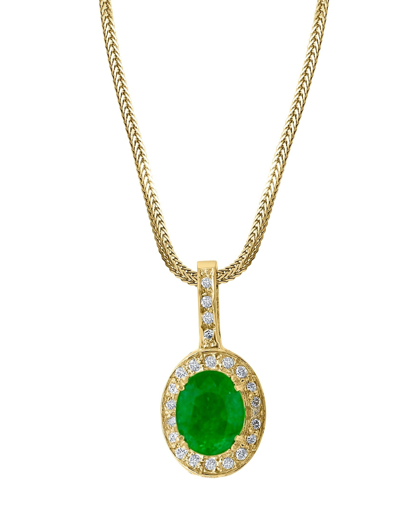 4.0 Ct Natural Oval Shape Emerald & Diamond Pendant 14 Karat Yellow Gold Chain For Sale 8