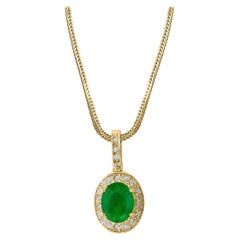 4.0 Ct Natural Oval Shape Emerald & Diamond Pendant 14 Karat Yellow Gold Chain