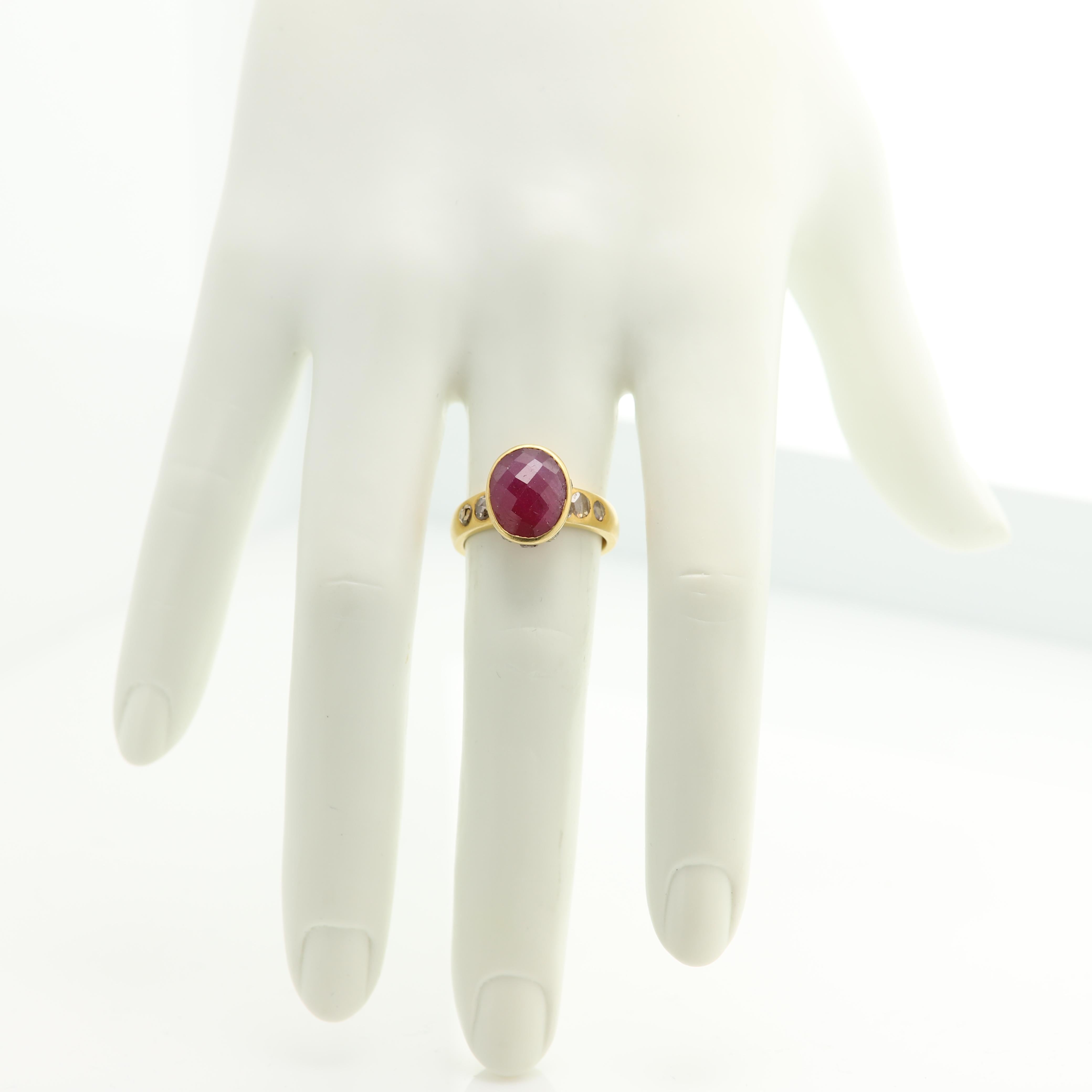Antique Cushion Cut 4.0 Ct Ruby Vintage Ring 18k Yellow Gold Oval Ruby & Old Cut Diamonds Ring For Sale