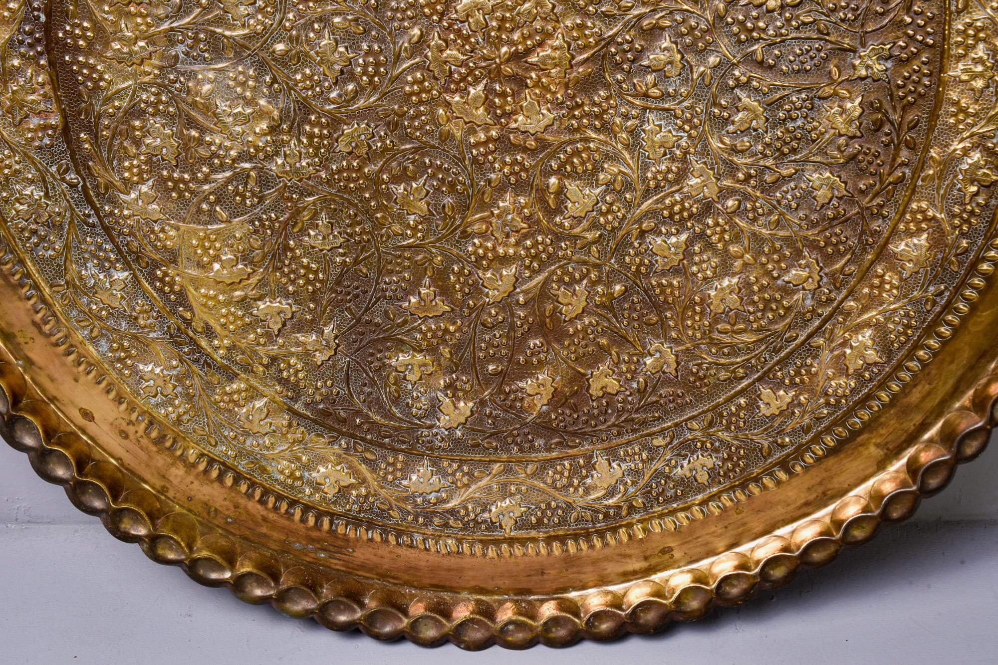 20th Century Moroccan Brass Tray with Foliate Design and Scalloped Edge
