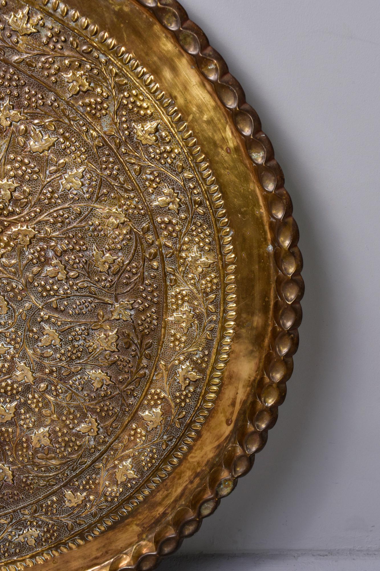 Moroccan Brass Tray with Foliate Design and Scalloped Edge 2