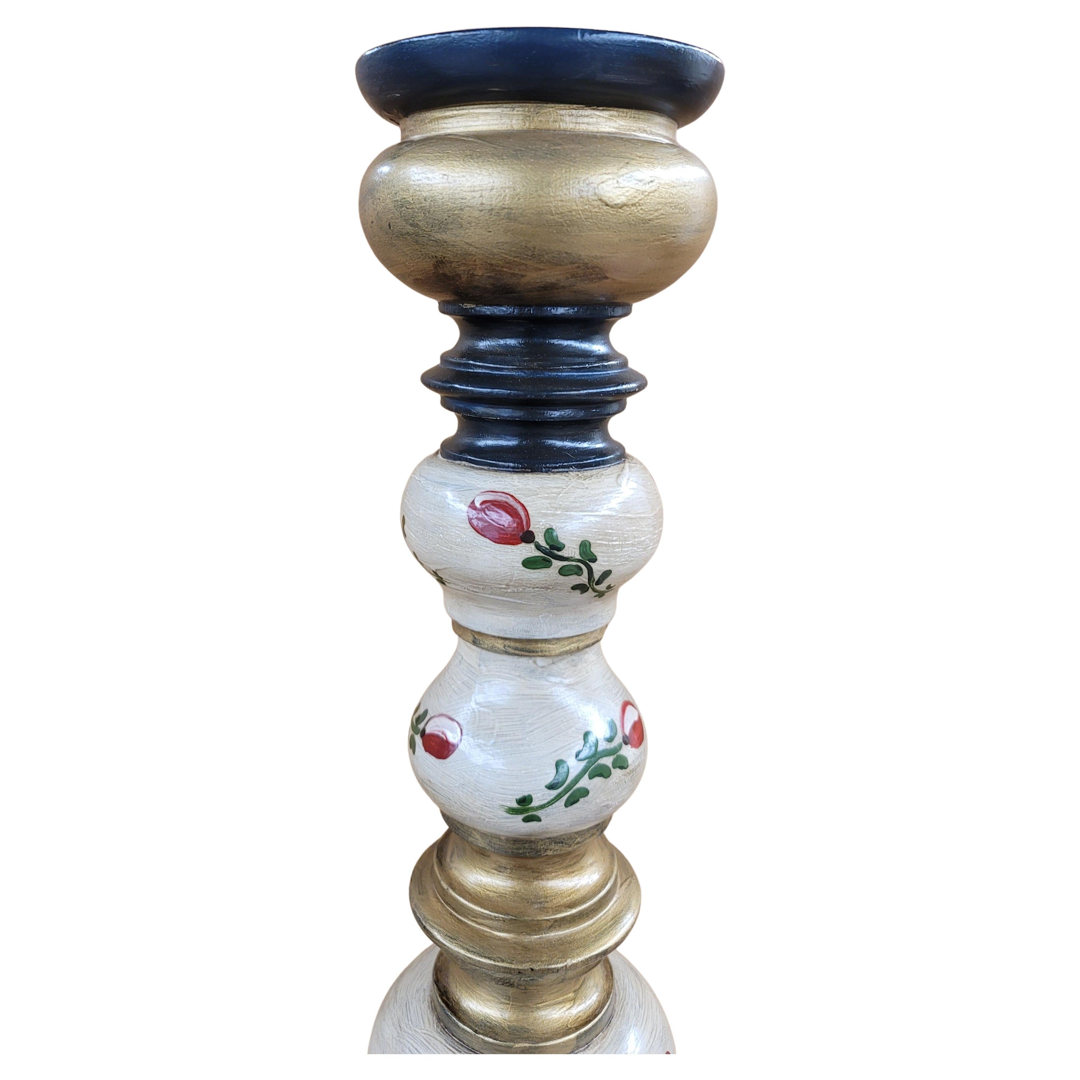 Mid-Century Modern German Hand-Painted and Decorated Wood Tall Pillar Candlestick For Sale