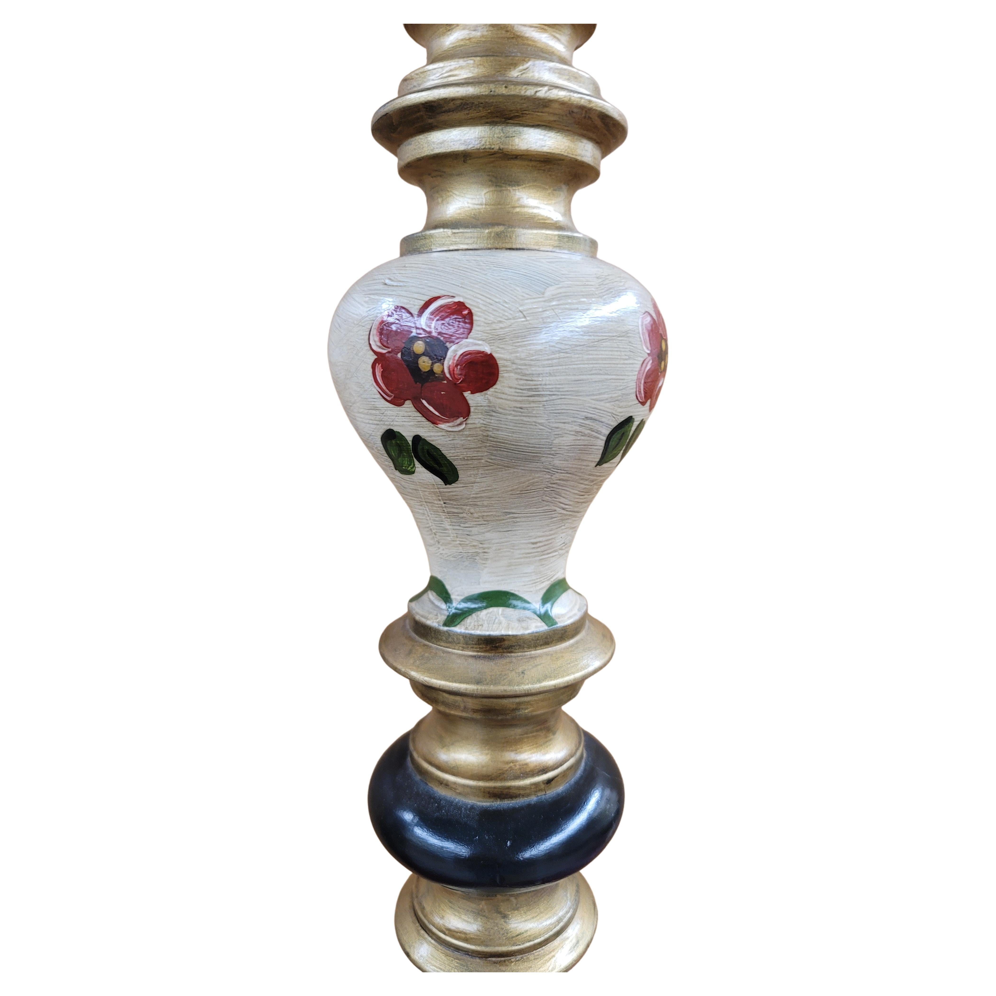 German Hand-Painted and Decorated Wood Tall Pillar Candlestick In Good Condition For Sale In Germantown, MD