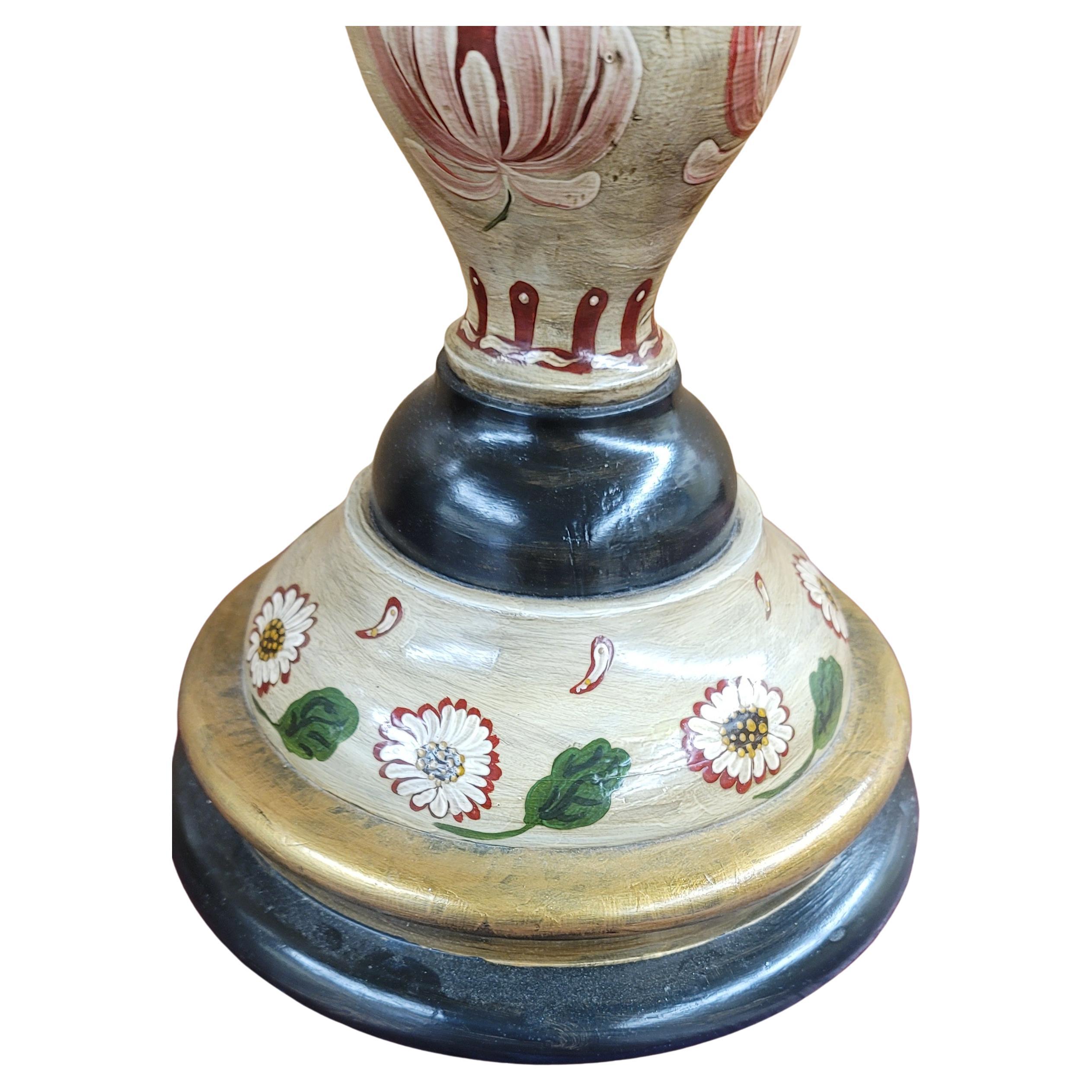 German Hand-Painted and Decorated Wood Tall Pillar Candlestick For Sale 2