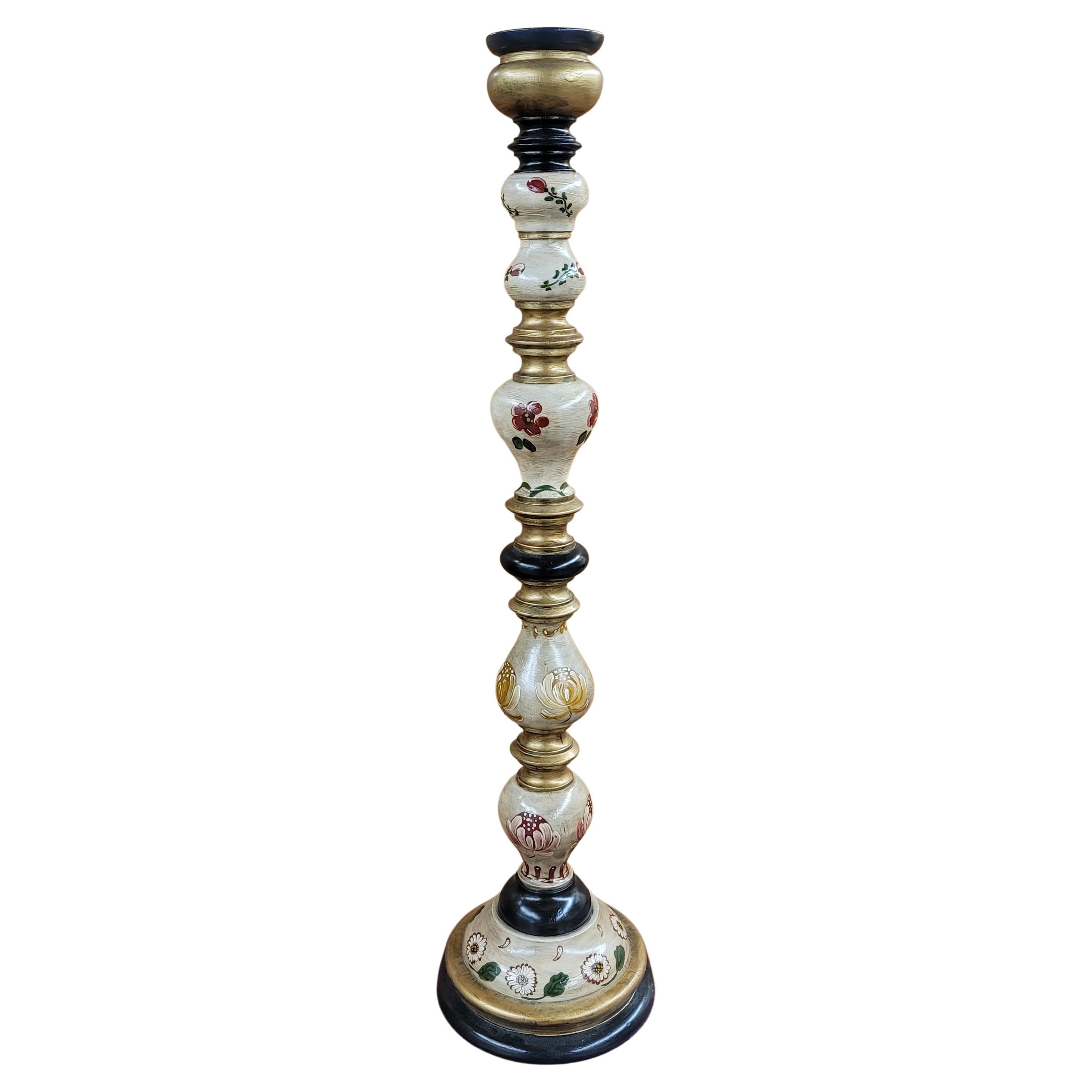 German Hand-Painted and Decorated Wood Tall Pillar Candlestick For Sale