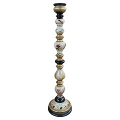 German Hand-Painted and Decorated Wood Tall Pillar Candlestick