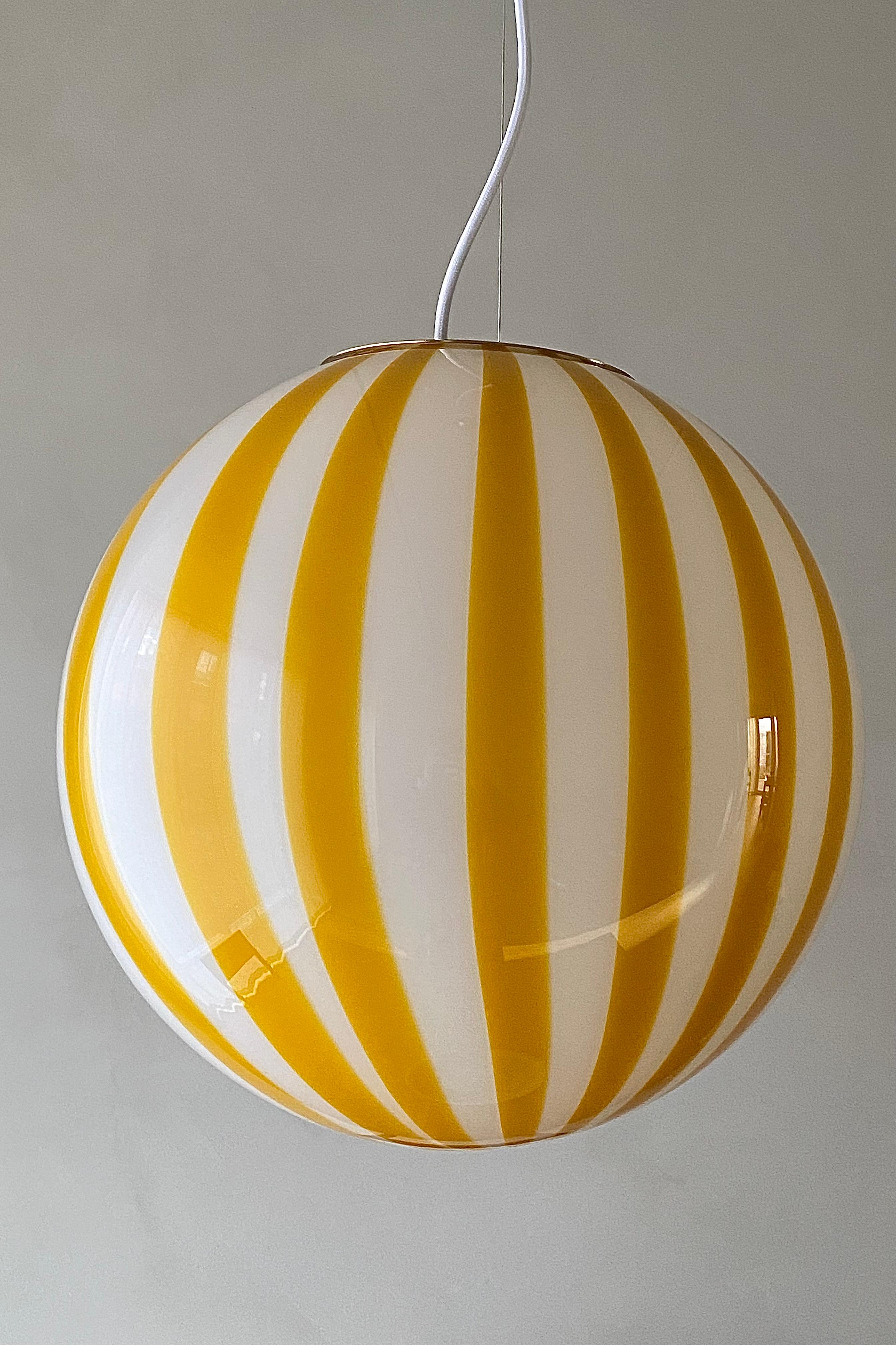 Contemporary Ø40 Large Murano Candy pendant mustard / white glass, mouth blown in Italy  For Sale