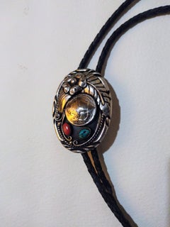 40" Leather and Sterling Silver Native American Bolo Tie