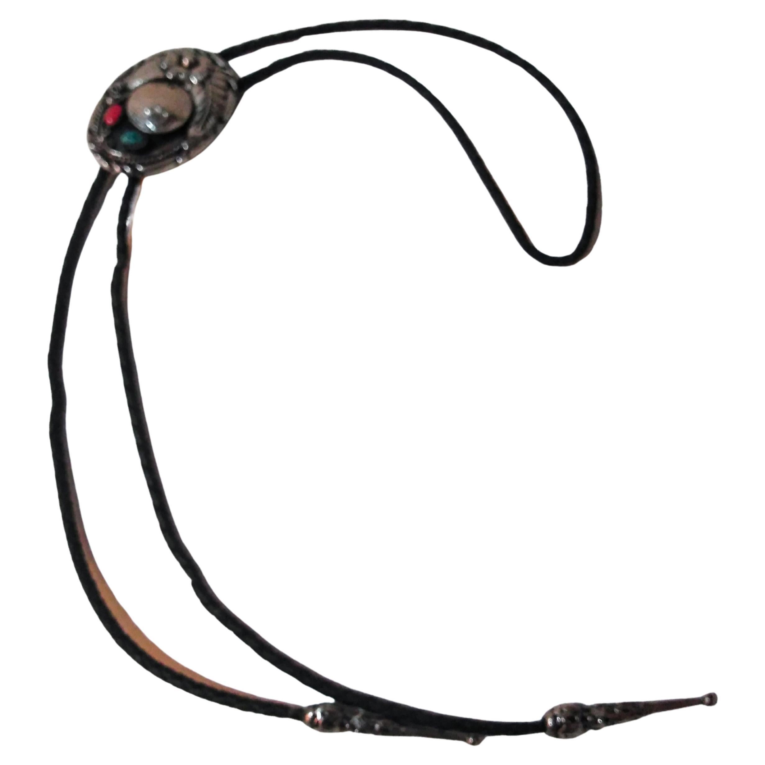 40" Leather and Sterling Silver Native American Bolo Tie