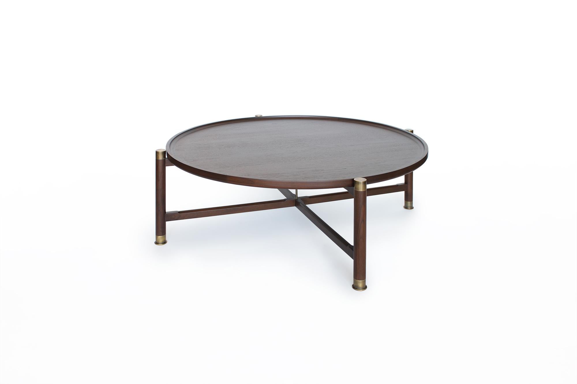 American Otto Round Coffee Table in Medium Walnut with Antique Brass Fittings For Sale