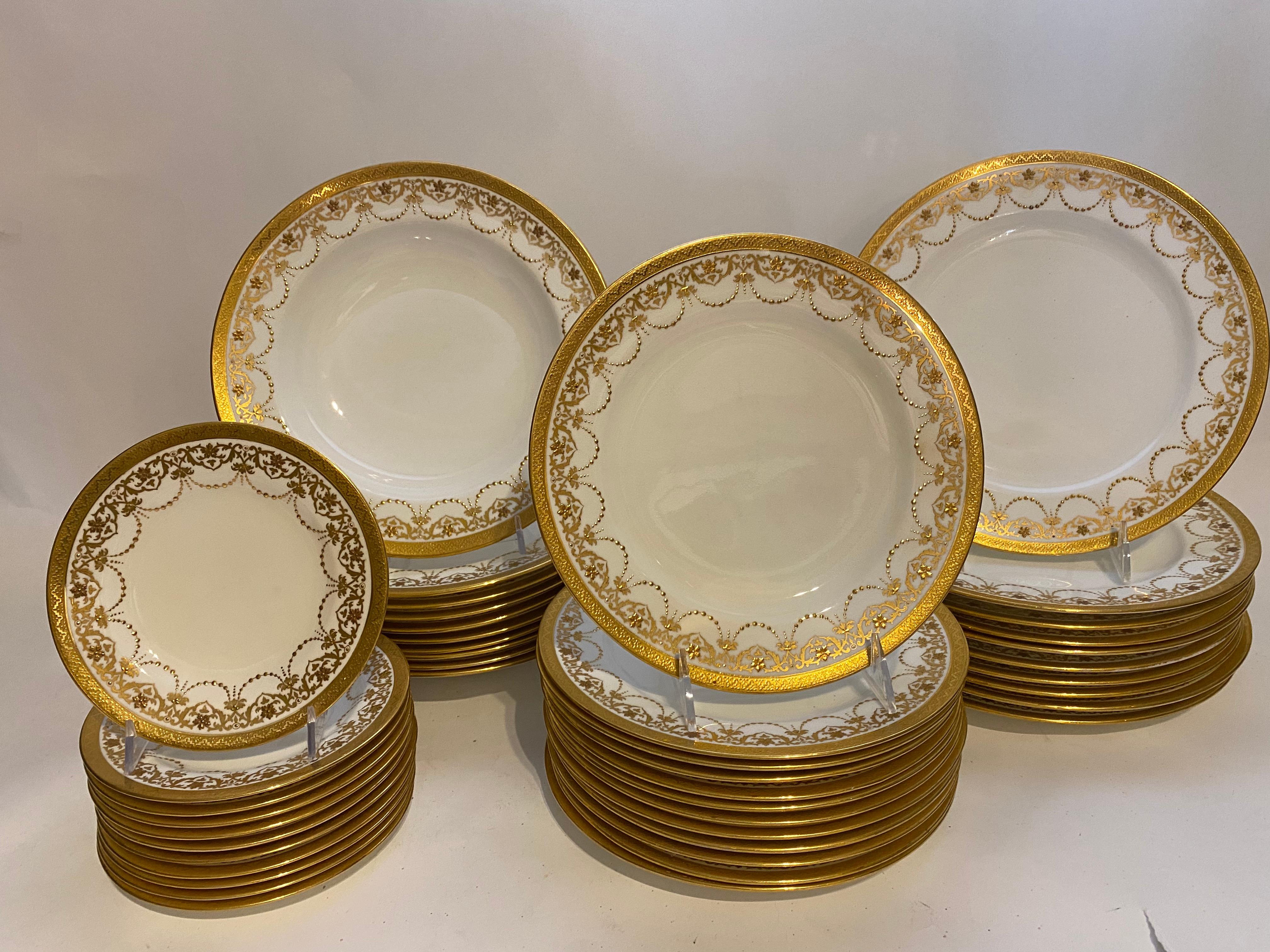 Gold 40 Piece Minton Antique Dinner Service, Raised Gilt Bead Swag Design, Circa 1900