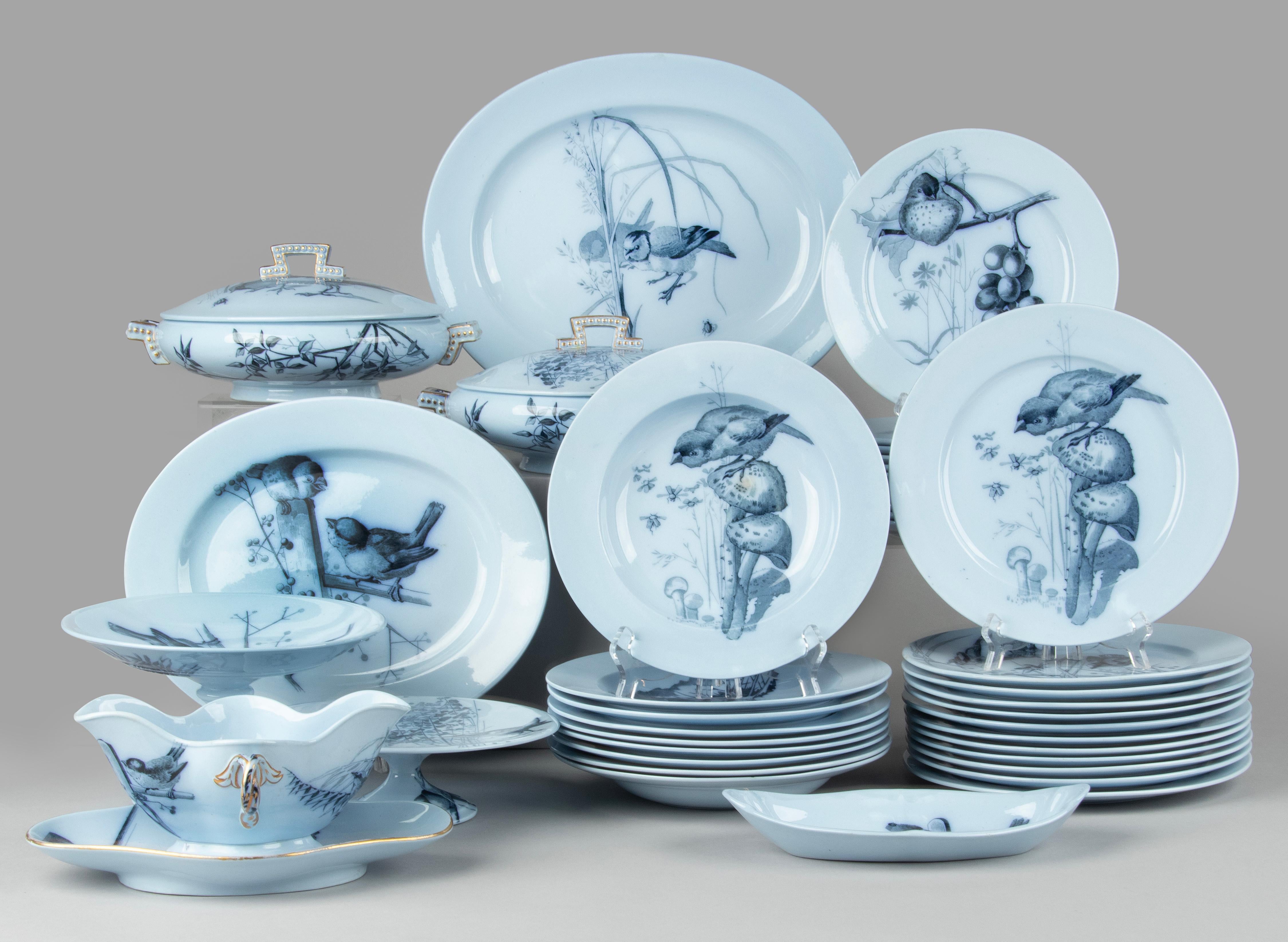 Beautiful set of antique ceramic tableware, made by the English manufacturer T.C. Brown Westhead Moore & Co. The model name is Canova. This service is decorated with all kinds of different images of birds. These images are full of details, they are