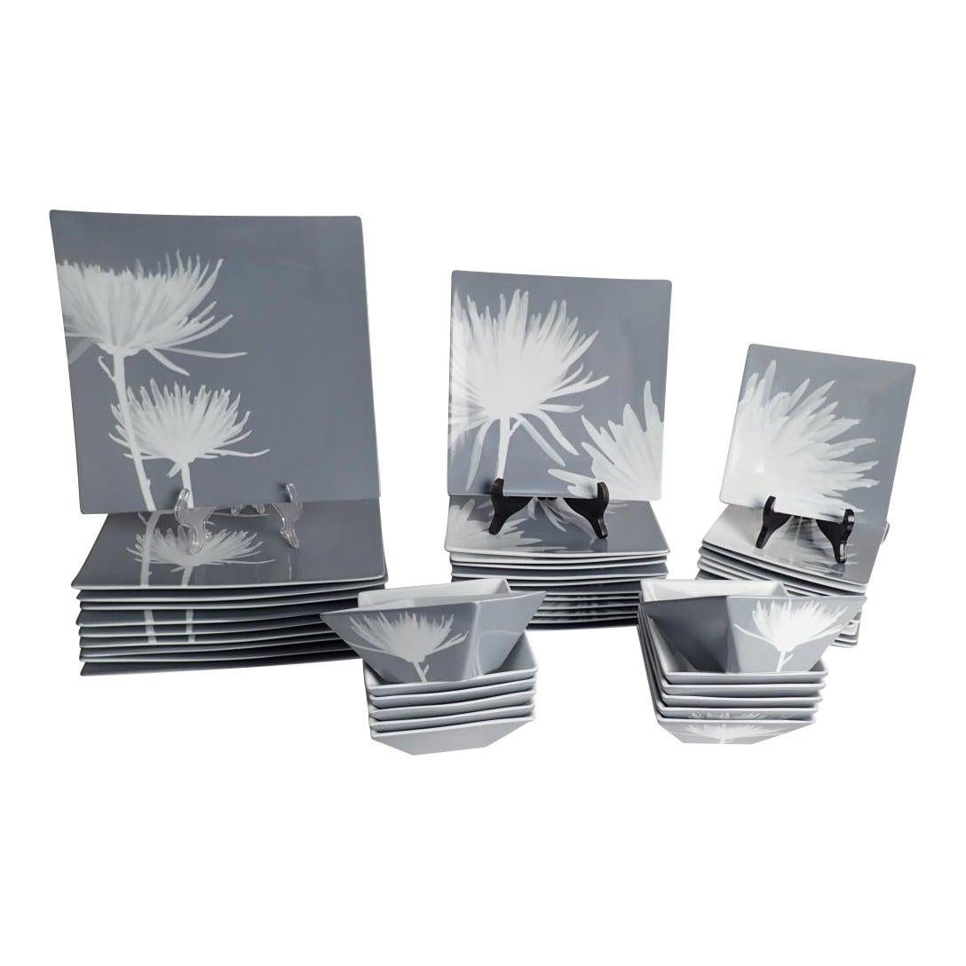 Porcelain 40-Piece Set of Dinnerware CB2 Modern Featuring Mums, 40-Piece Set