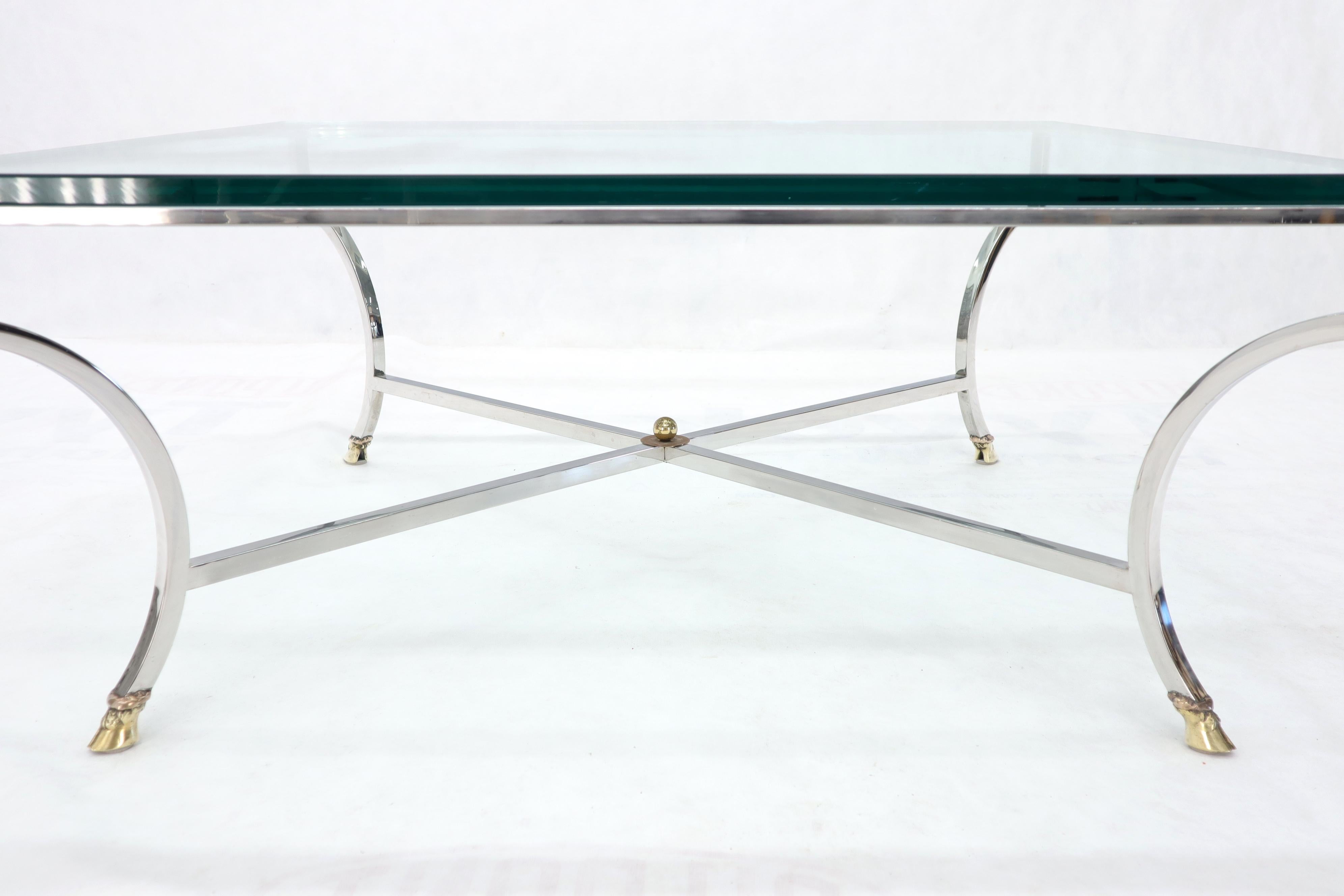 Mid-Century Modern Square Chrome and Brass Hoof Feet Base Coffee Table Thick Glass Top For Sale