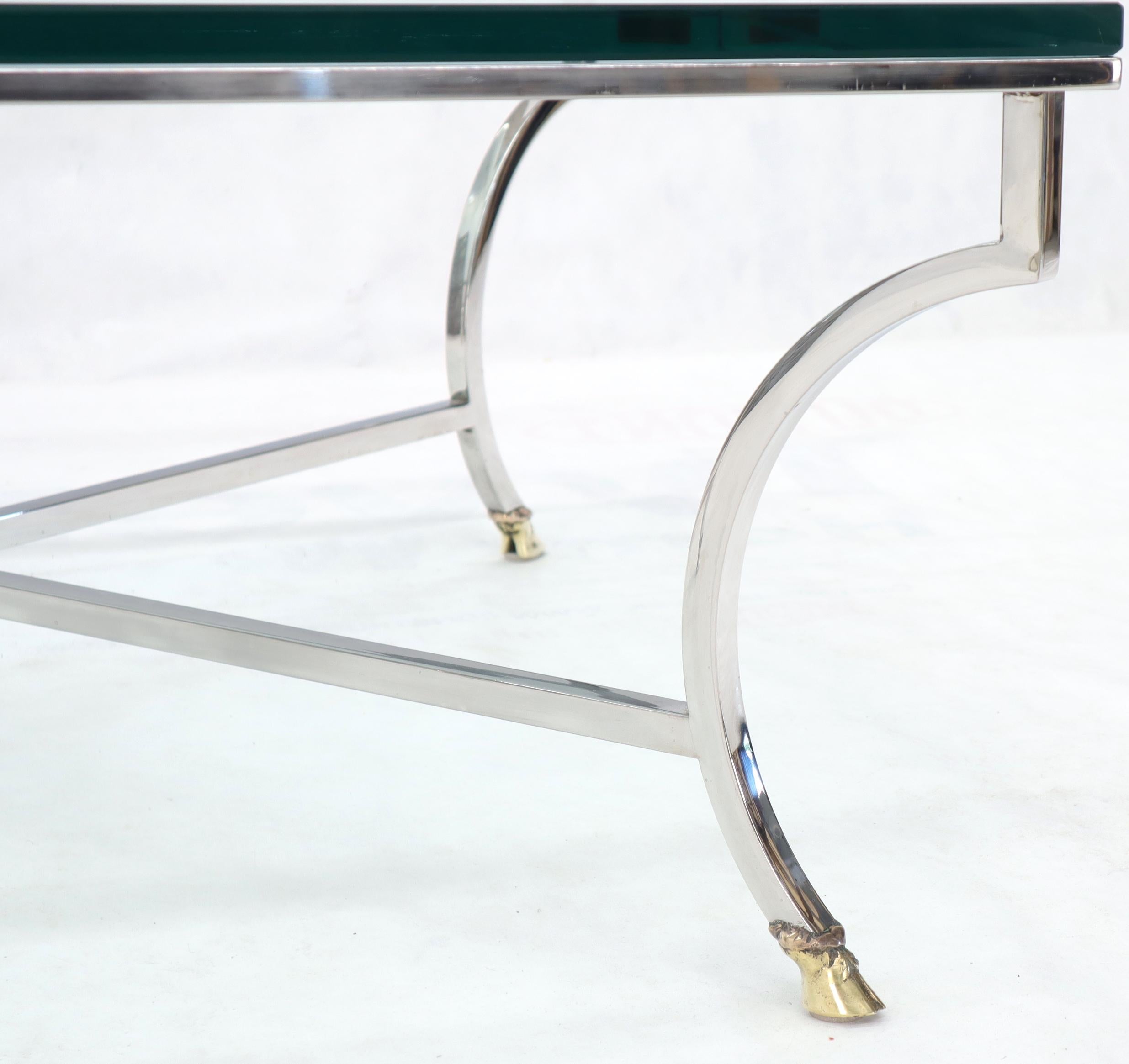 Square Chrome and Brass Hoof Feet Base Coffee Table Thick Glass Top In Excellent Condition For Sale In Rockaway, NJ