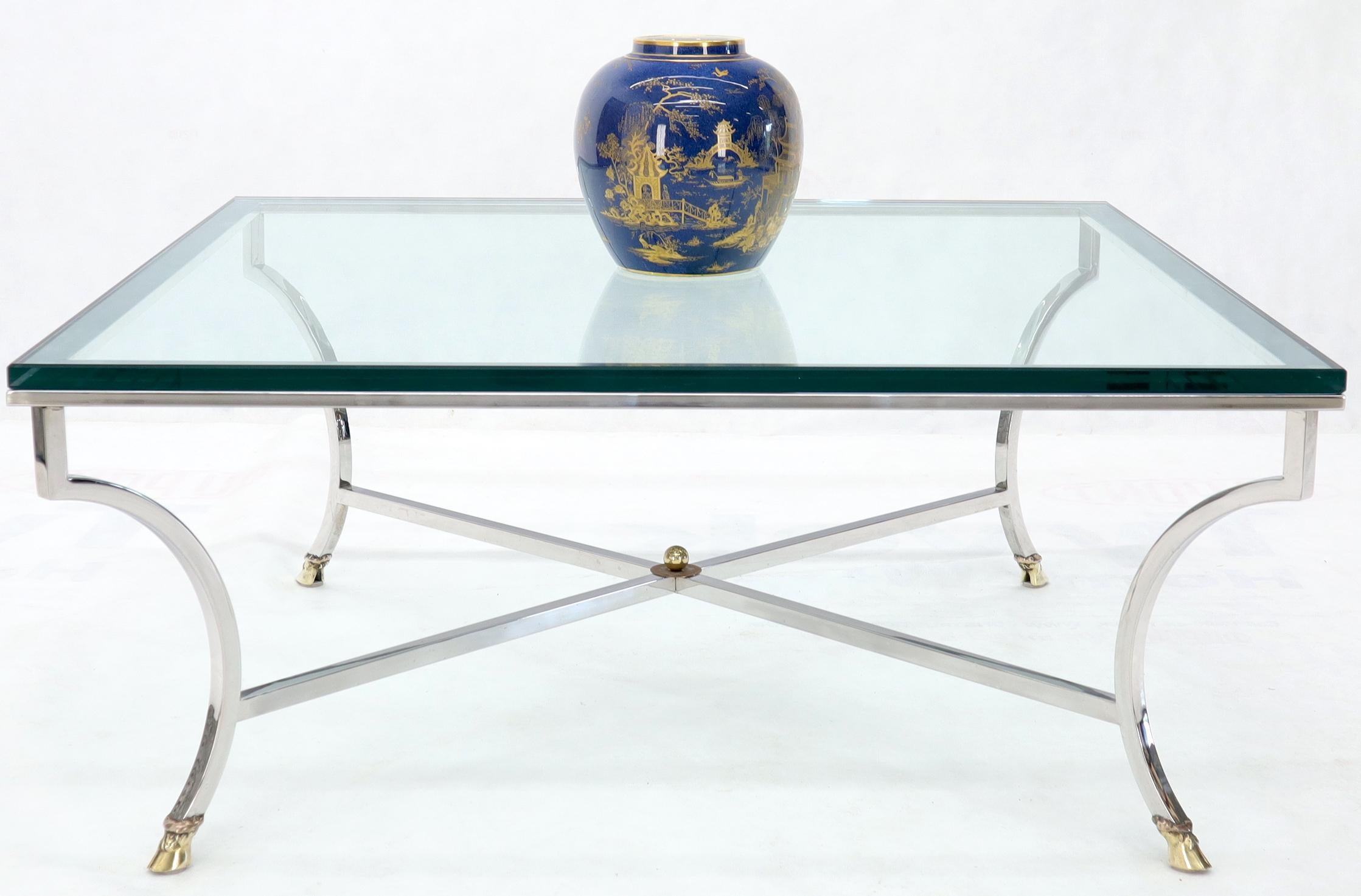 20th Century Square Chrome and Brass Hoof Feet Base Coffee Table Thick Glass Top For Sale