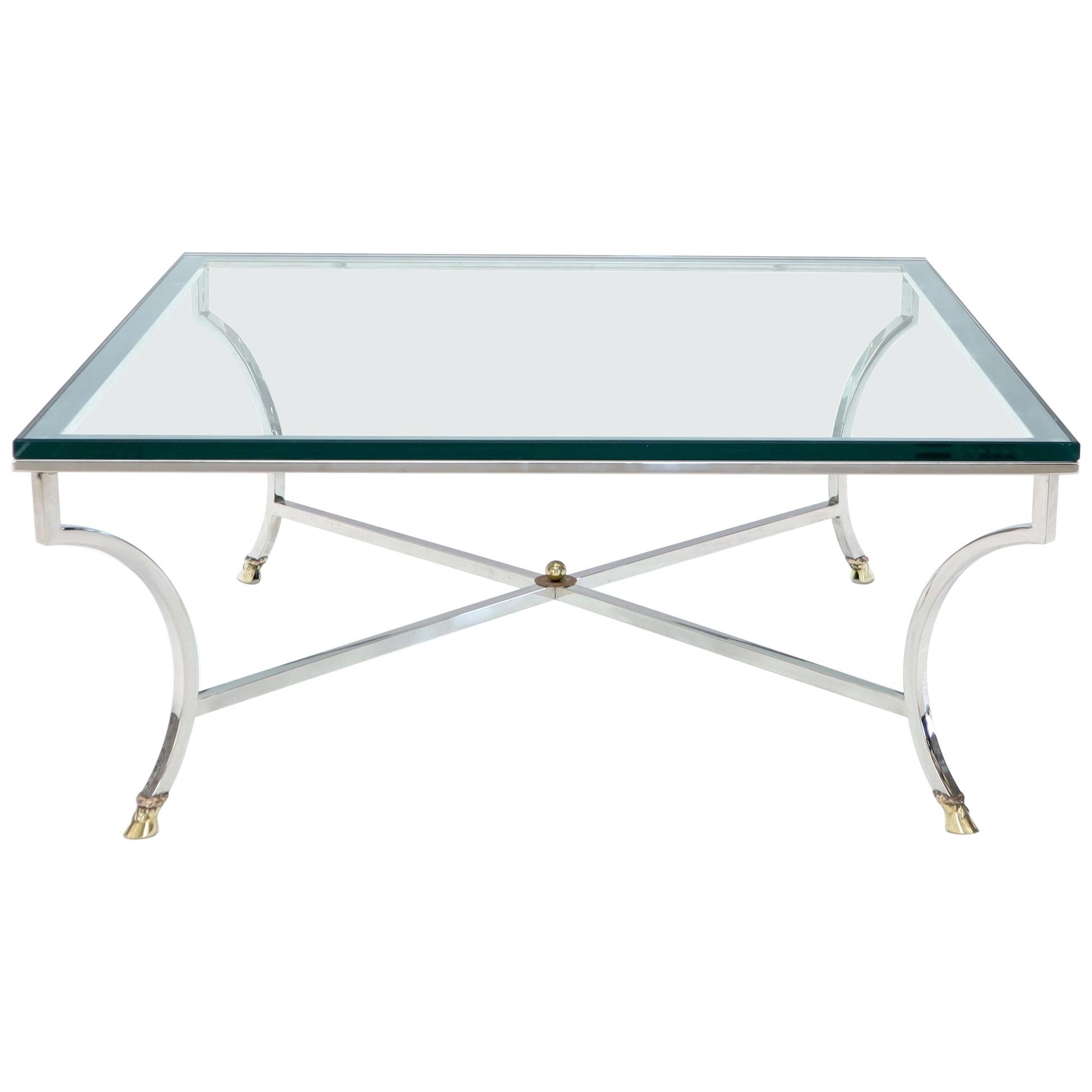 Square Chrome and Brass Hoof Feet Base Coffee Table Thick Glass Top For Sale